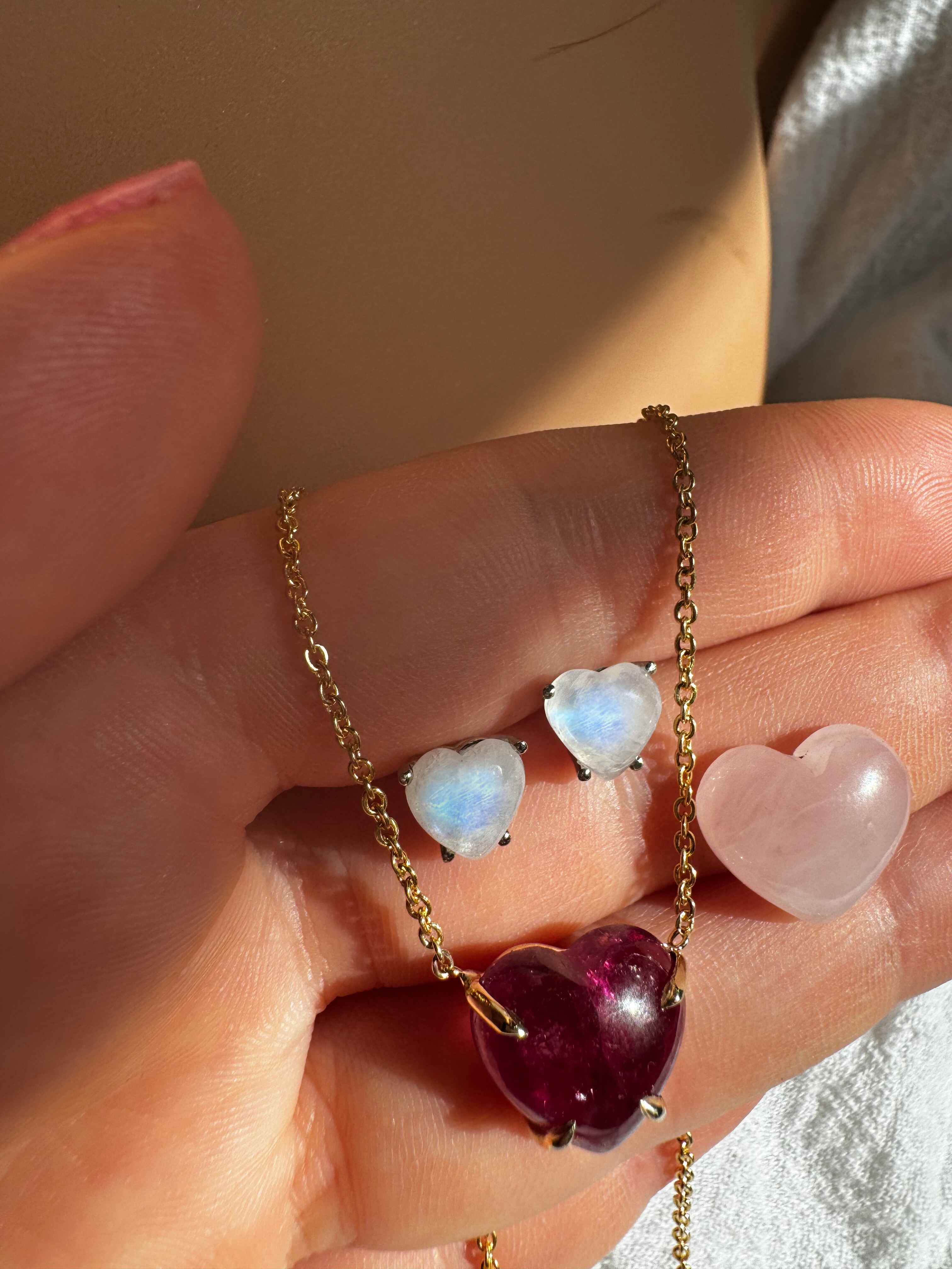 Handmade Solid Gold Moonstone Heart Cabochon Stud Earrings