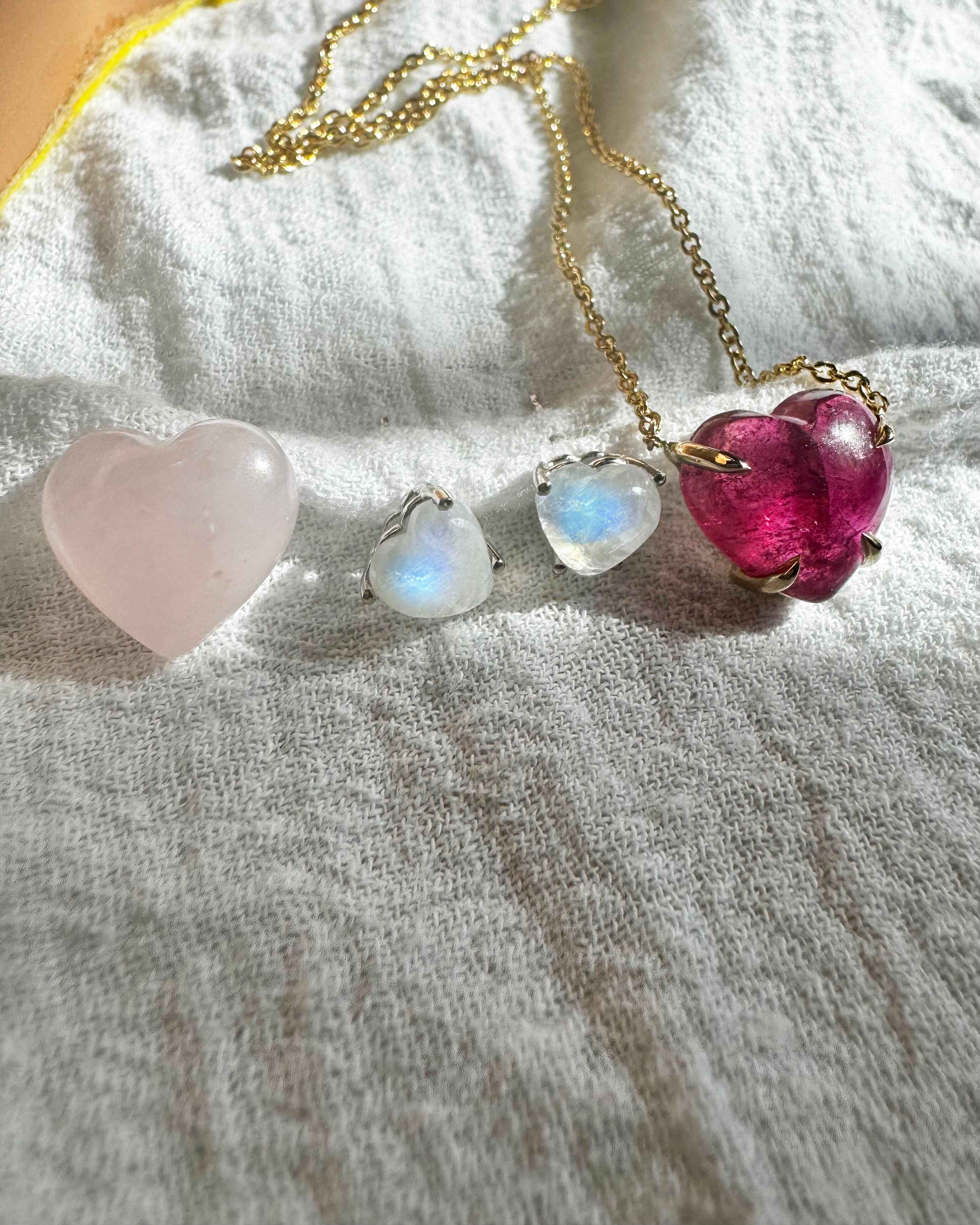 Handmade Solid Gold Moonstone Heart Cabochon Stud Earrings