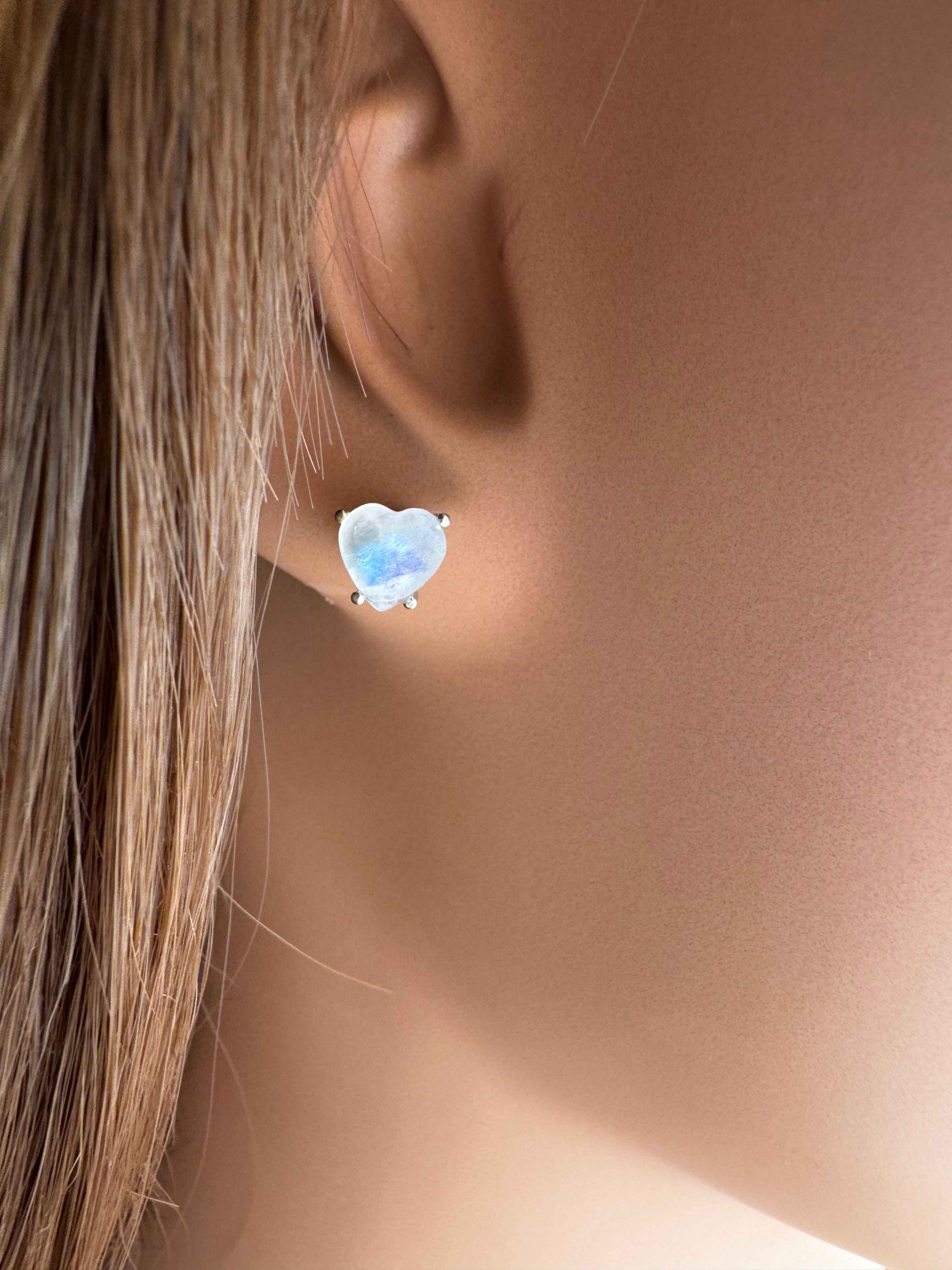 Handmade Solid Gold Moonstone Heart Cabochon Stud Earrings