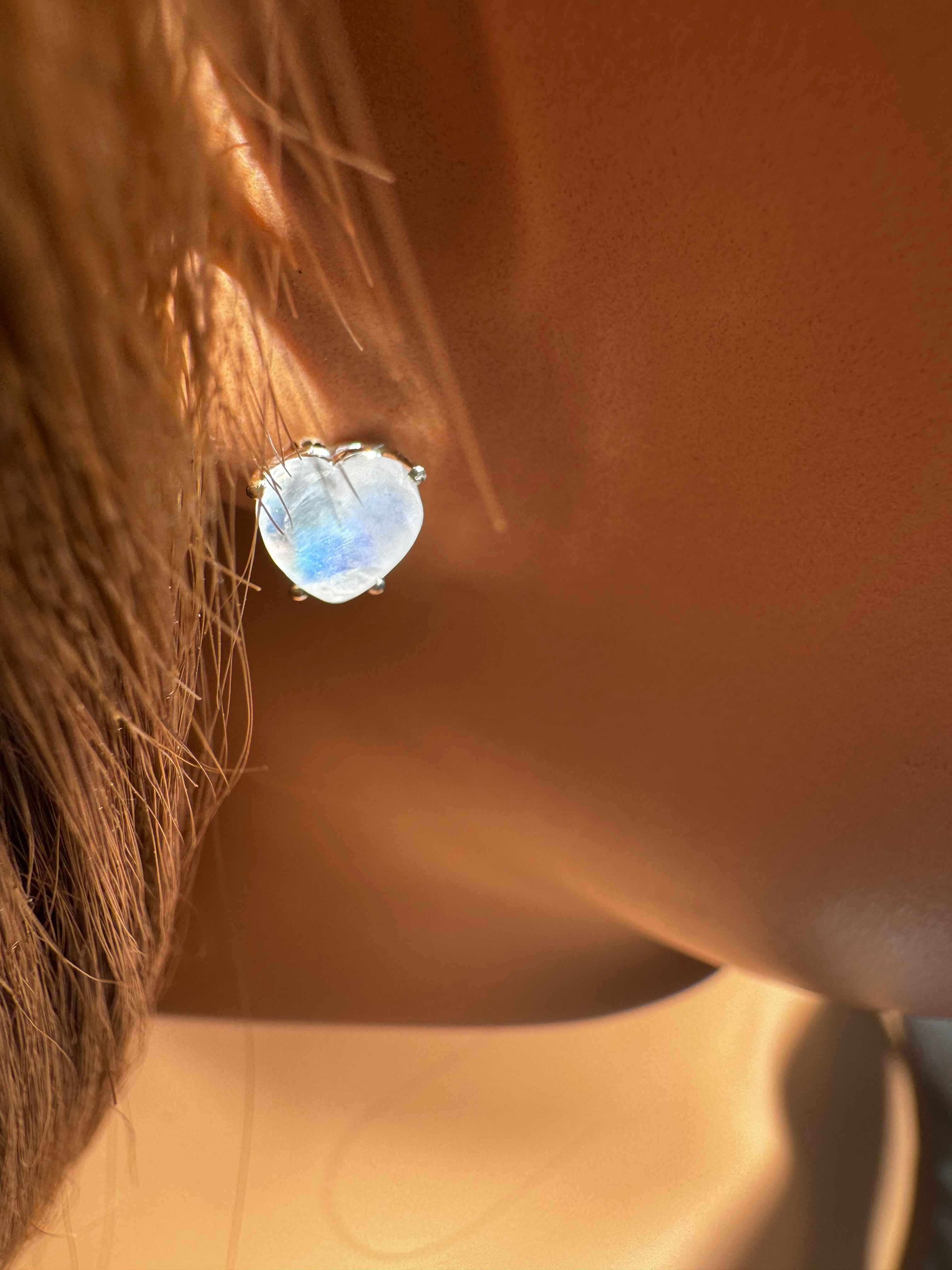 Handmade Solid Gold Moonstone Heart Cabochon Stud Earrings