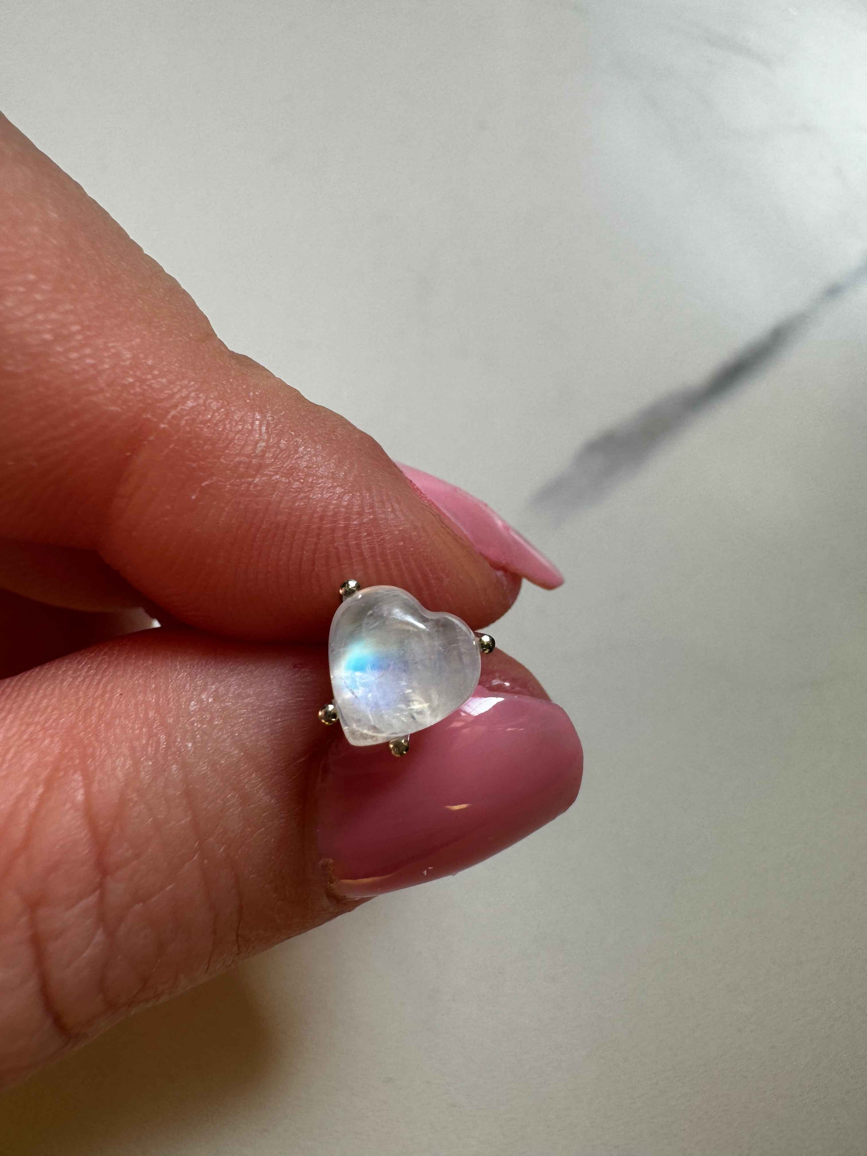 Handmade Solid Gold Moonstone Heart Cabochon Stud Earrings