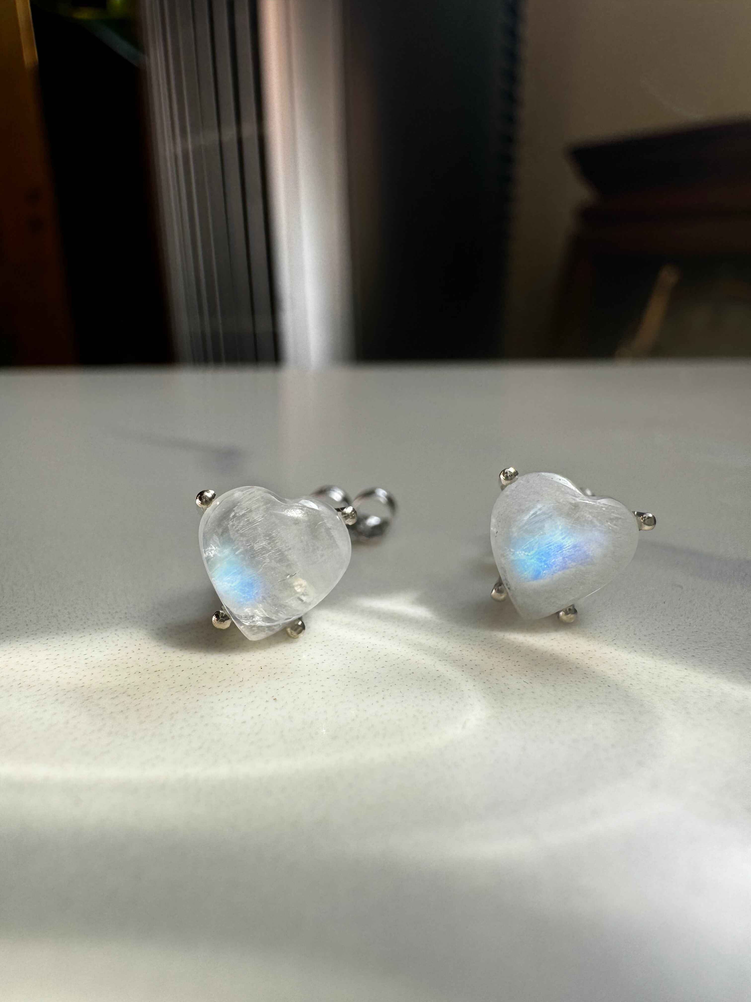 Handmade Solid Gold Moonstone Heart Cabochon Stud Earrings