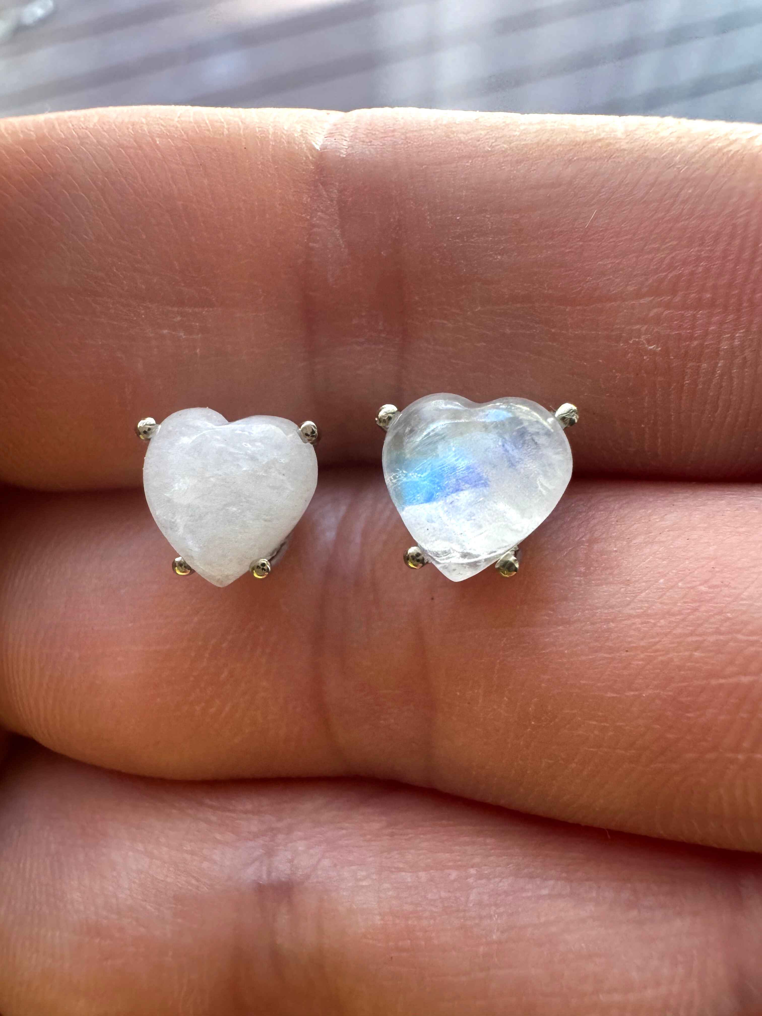 Handmade Solid Gold Moonstone Heart Cabochon Stud Earrings