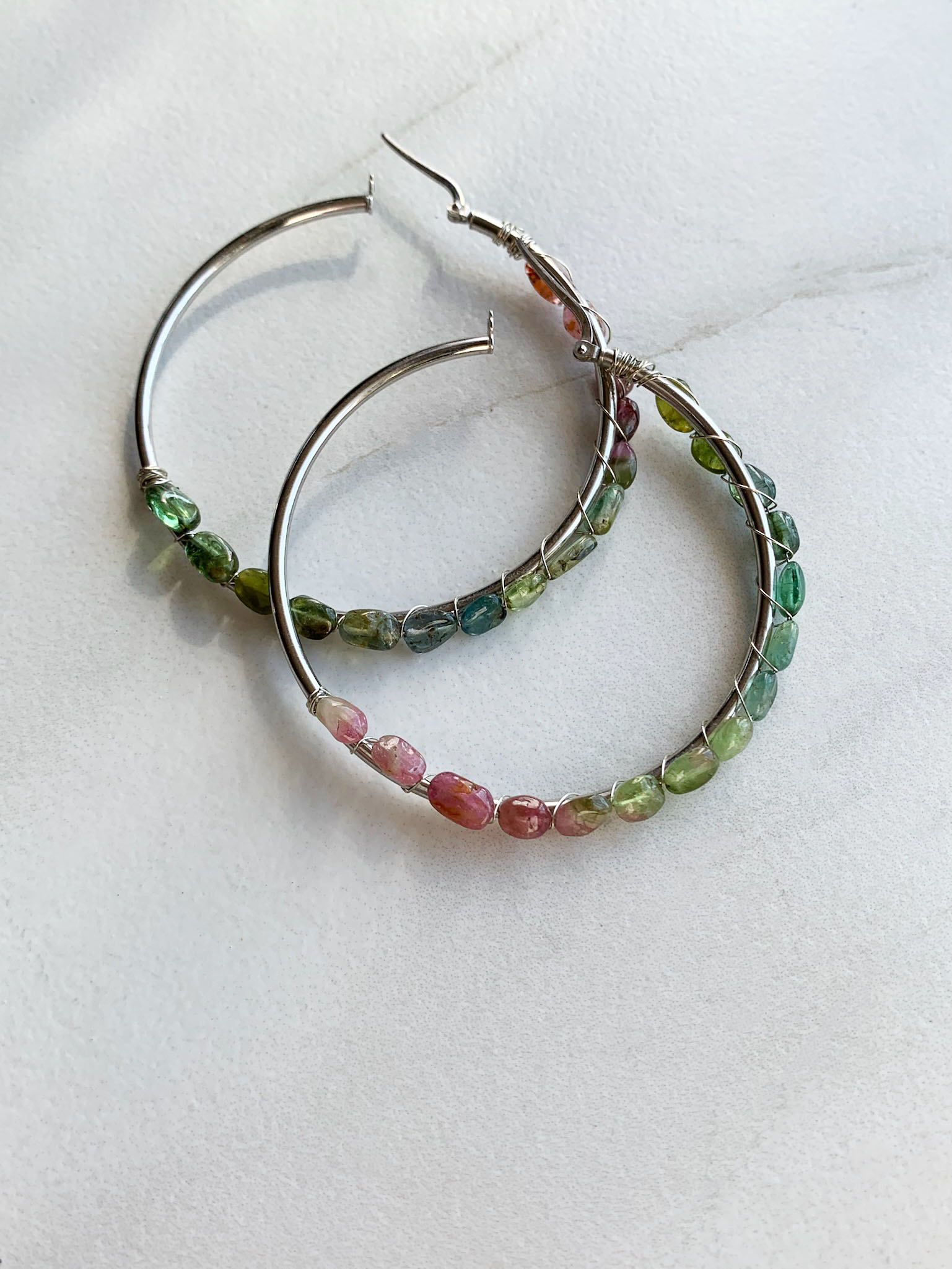 Ombre Pink and Green Tourmaline Hoops