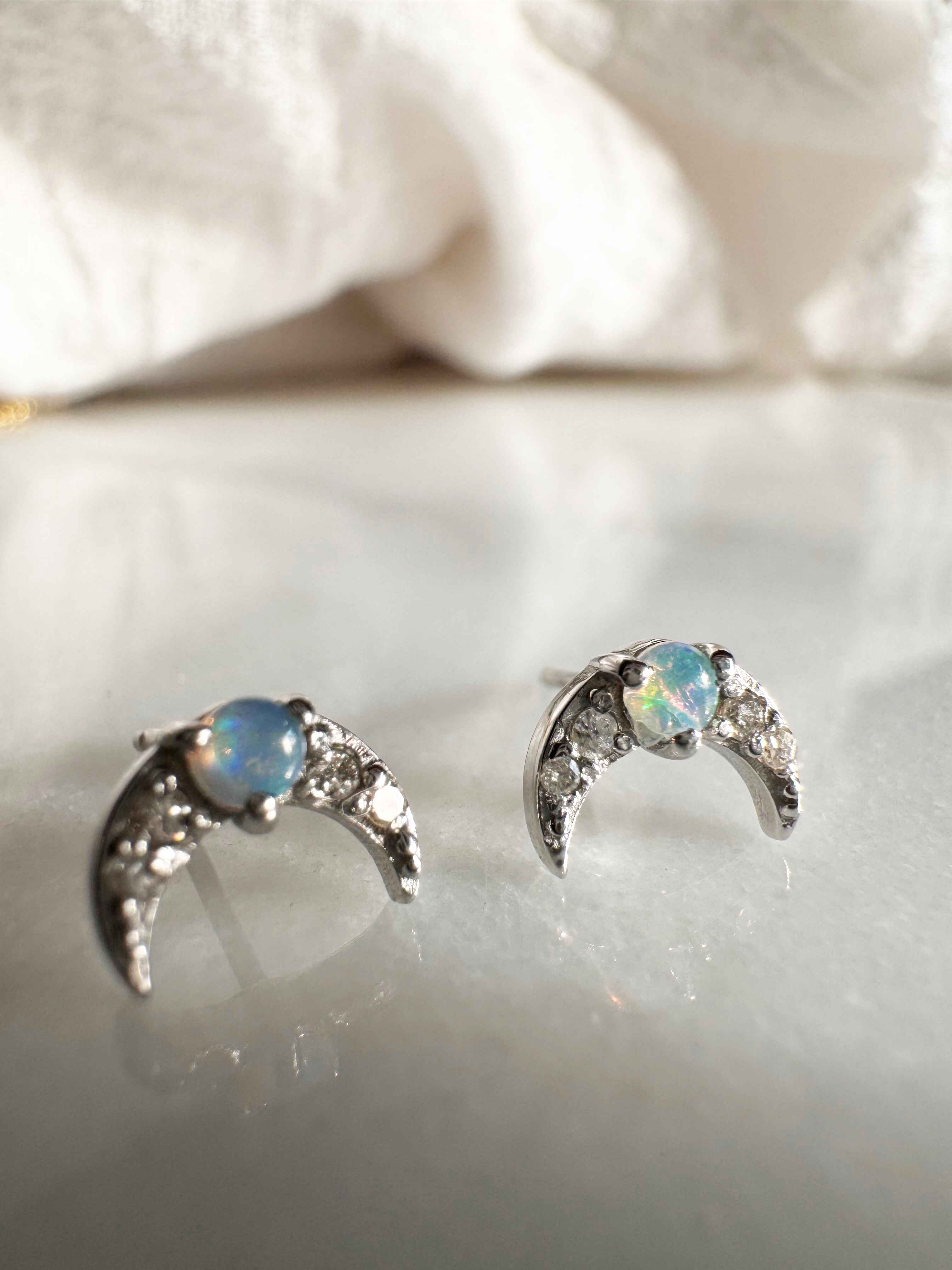 Handmade Moon Opal Diamond Stud Earrings