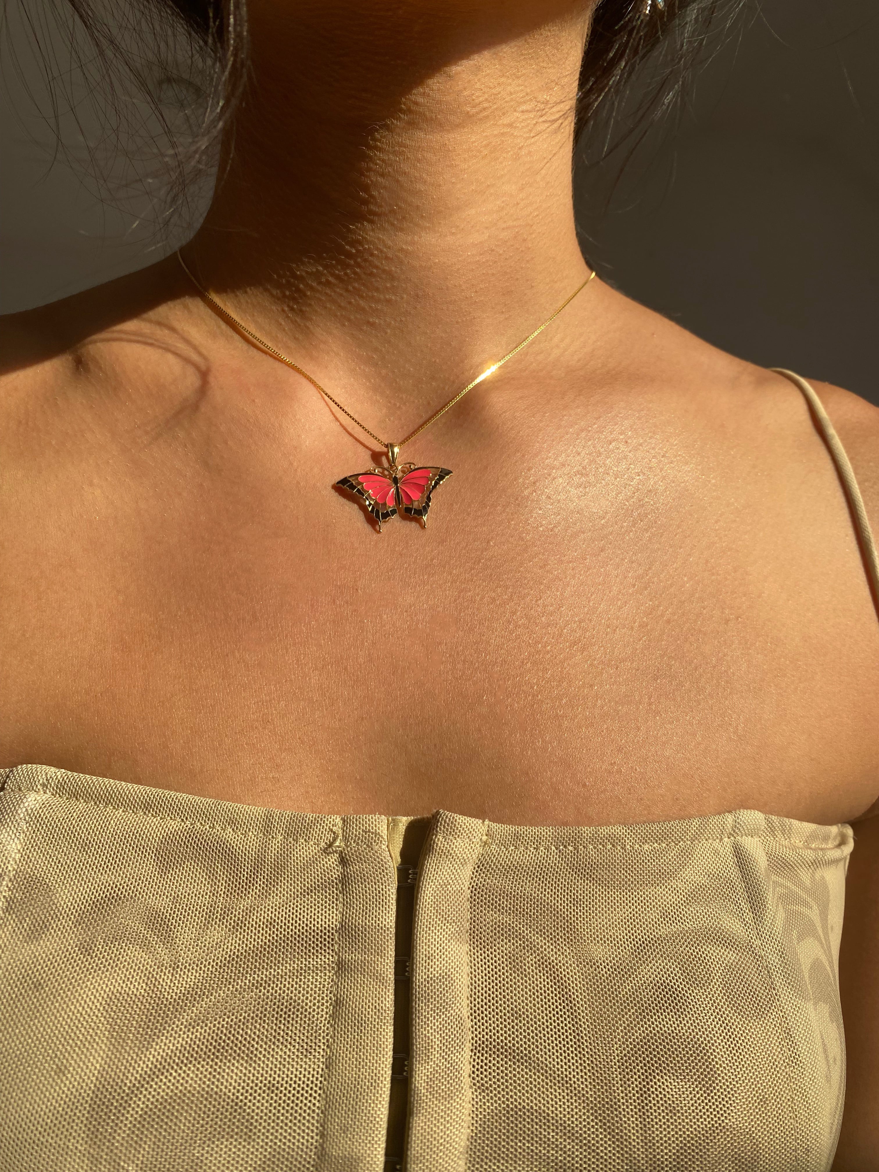 14K Pink Enameled Butterfly Pendant