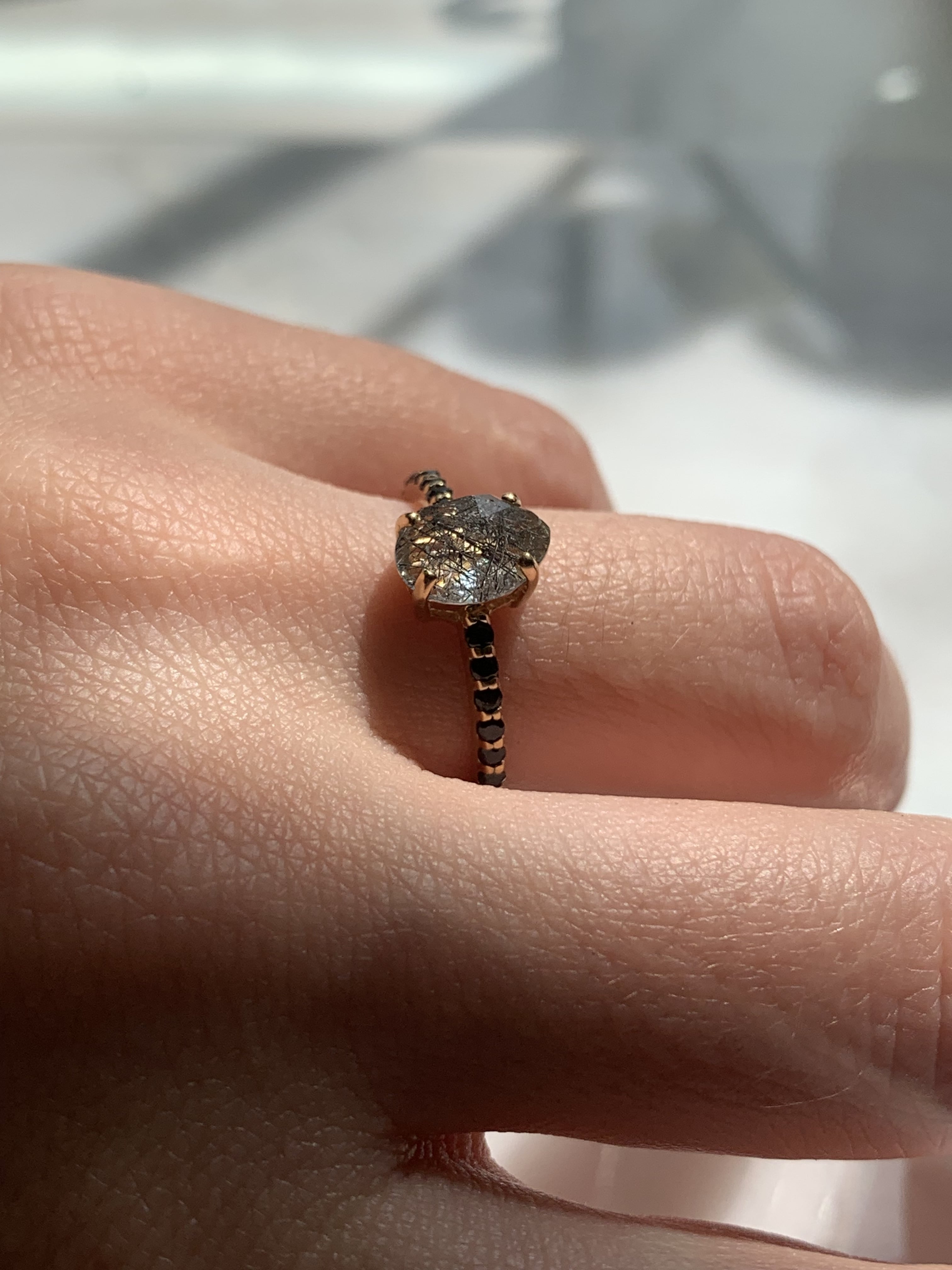 Salt & Pepper Pear Quartz Engagement Ring