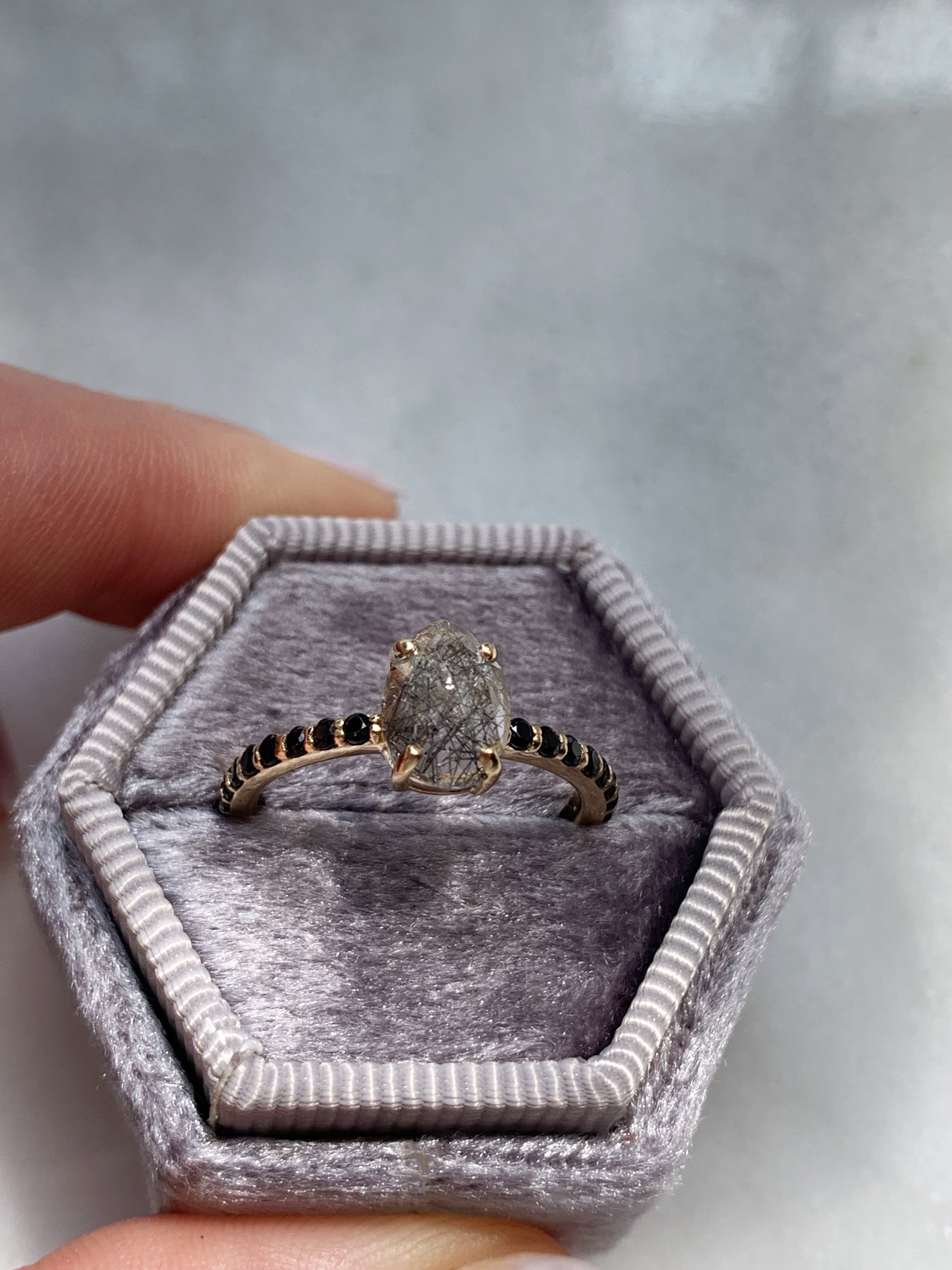 Salt & Pepper Pear Quartz Engagement Ring