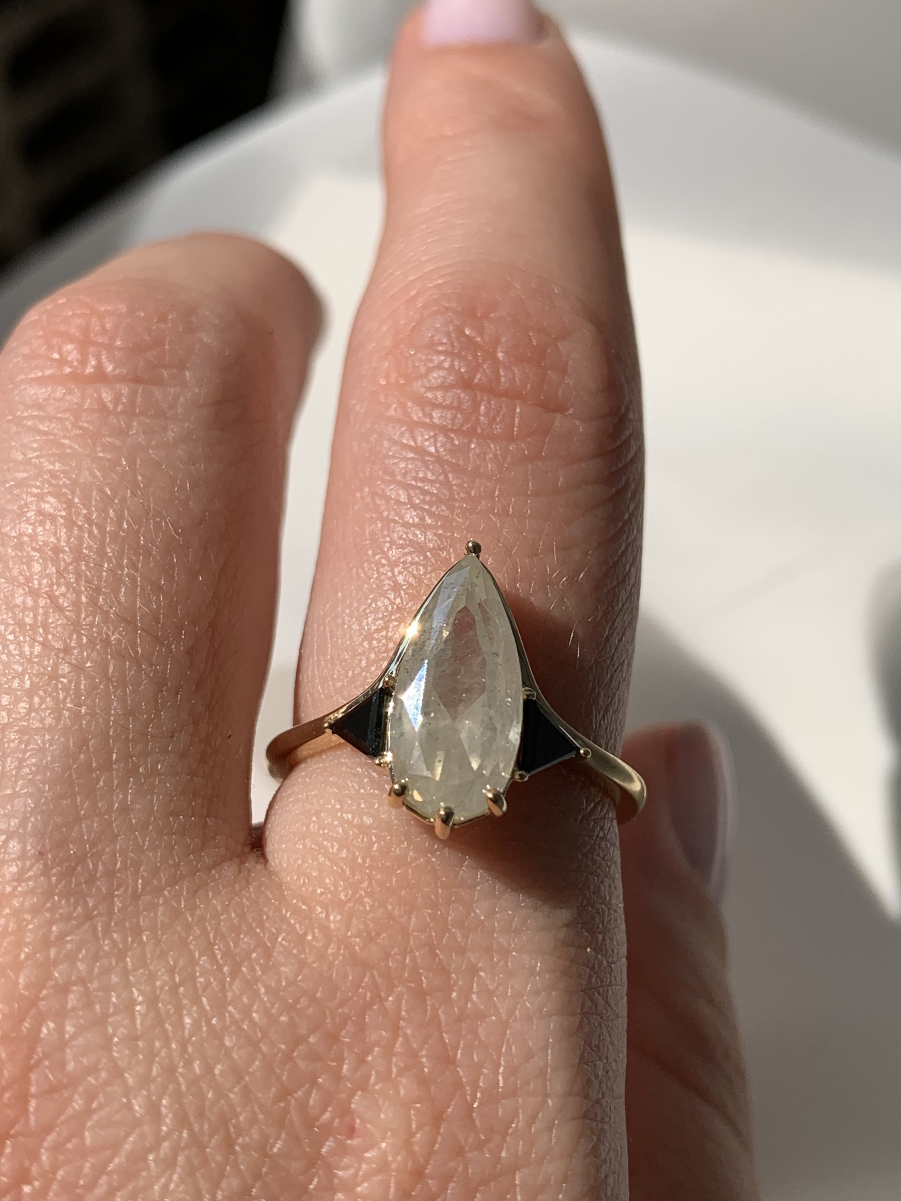 Elongated Pear and Black Diamond Custom Engagement Ring