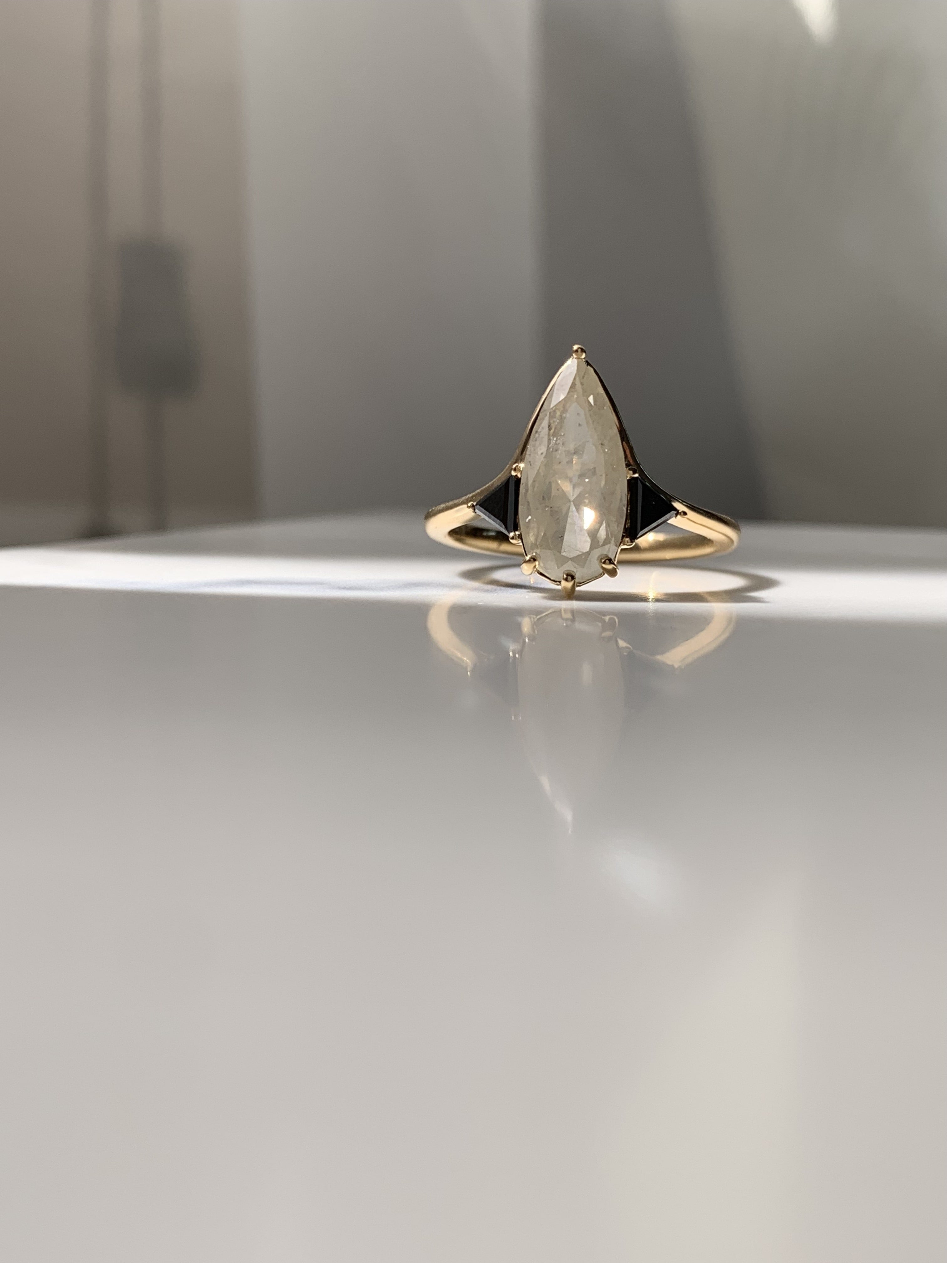 Elongated Pear and Black Diamond Custom Engagement Ring