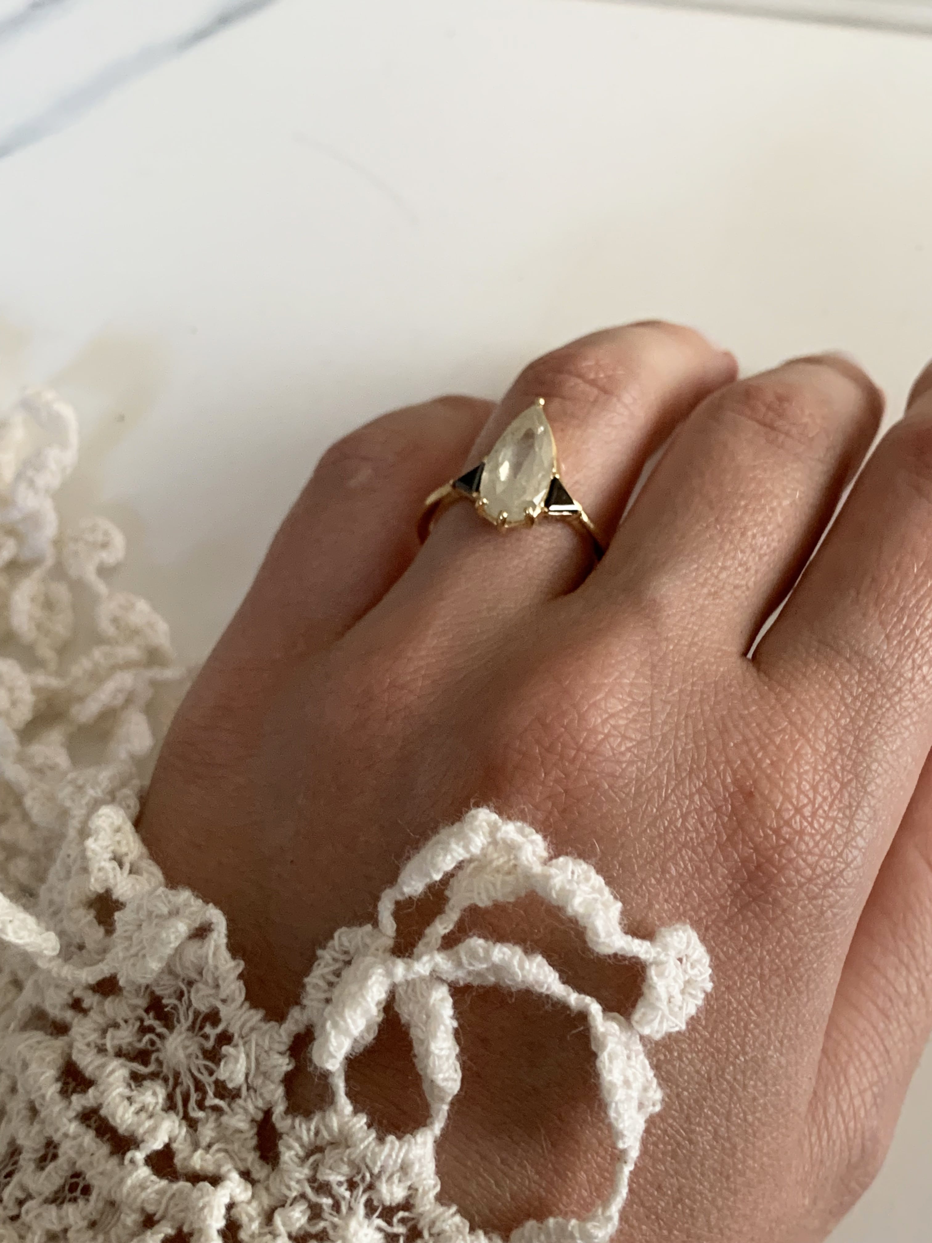 Elongated Pear and Black Diamond Custom Engagement Ring