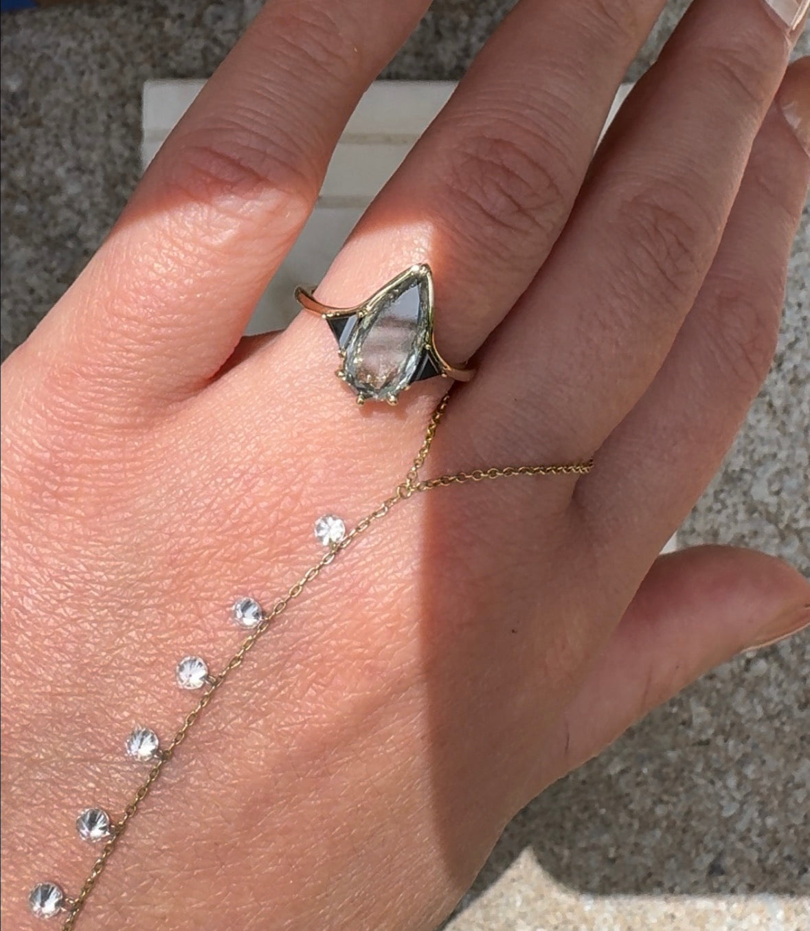 Salt & Pepper Diamond Pear Engagement Ring with Black Diamond Side Stones