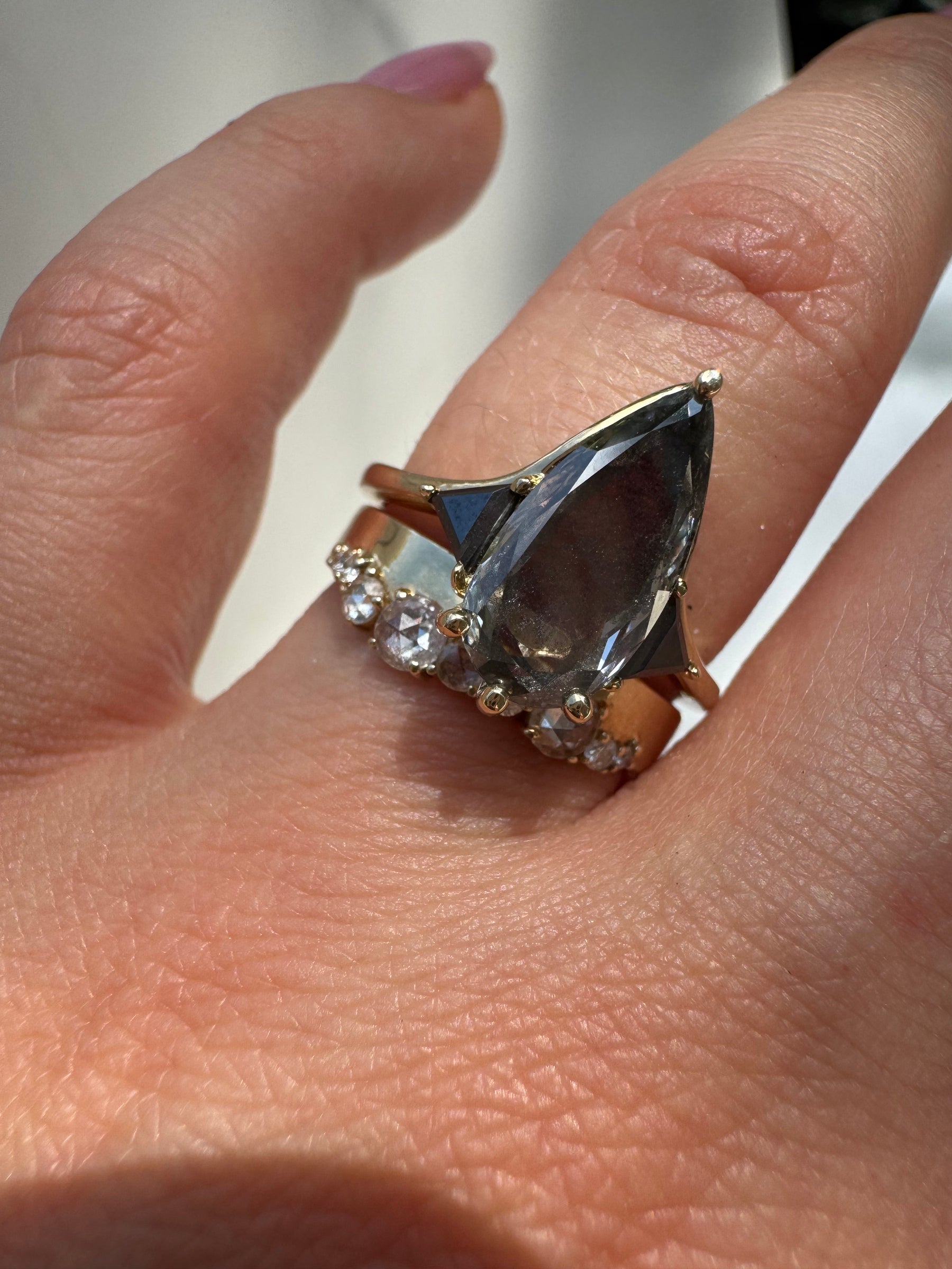 Salt & Pepper Diamond Pear Engagement Ring with Black Diamond Side Stones