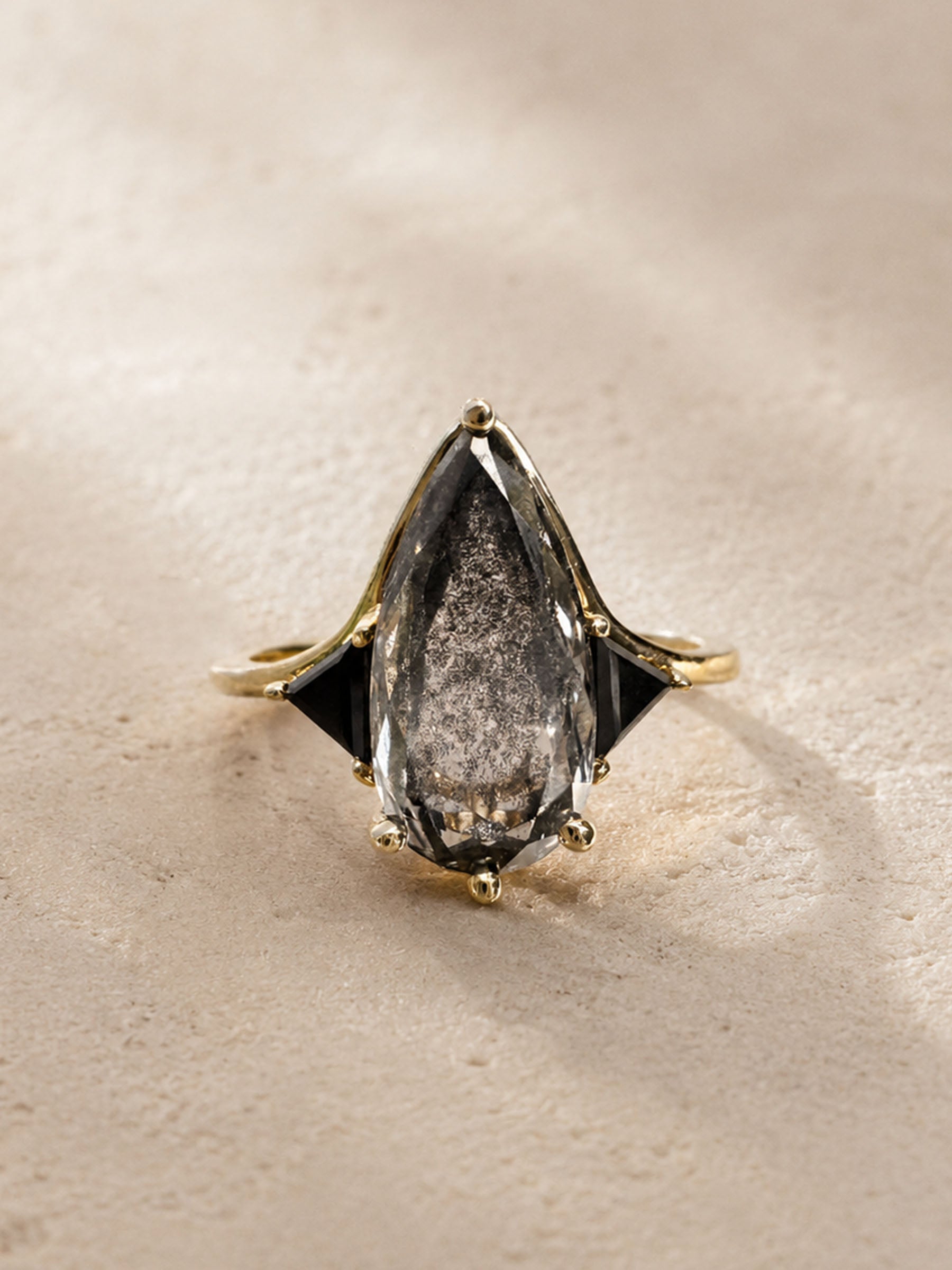 Salt & Pepper Diamond Pear Engagement Ring with Black Diamond Side Stones