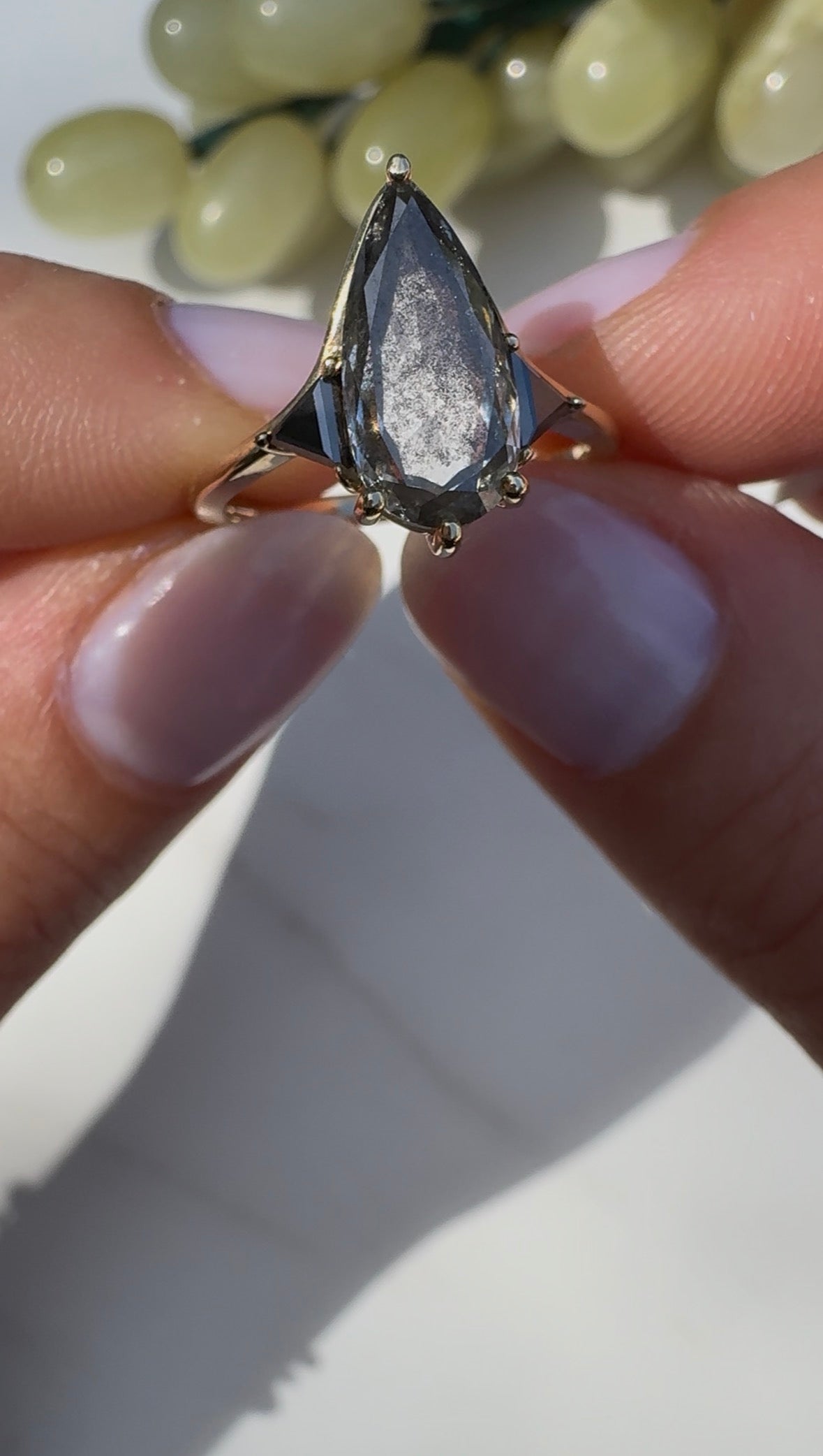 Salt & Pepper Diamond Pear Engagement Ring with Black Diamond Side Stones