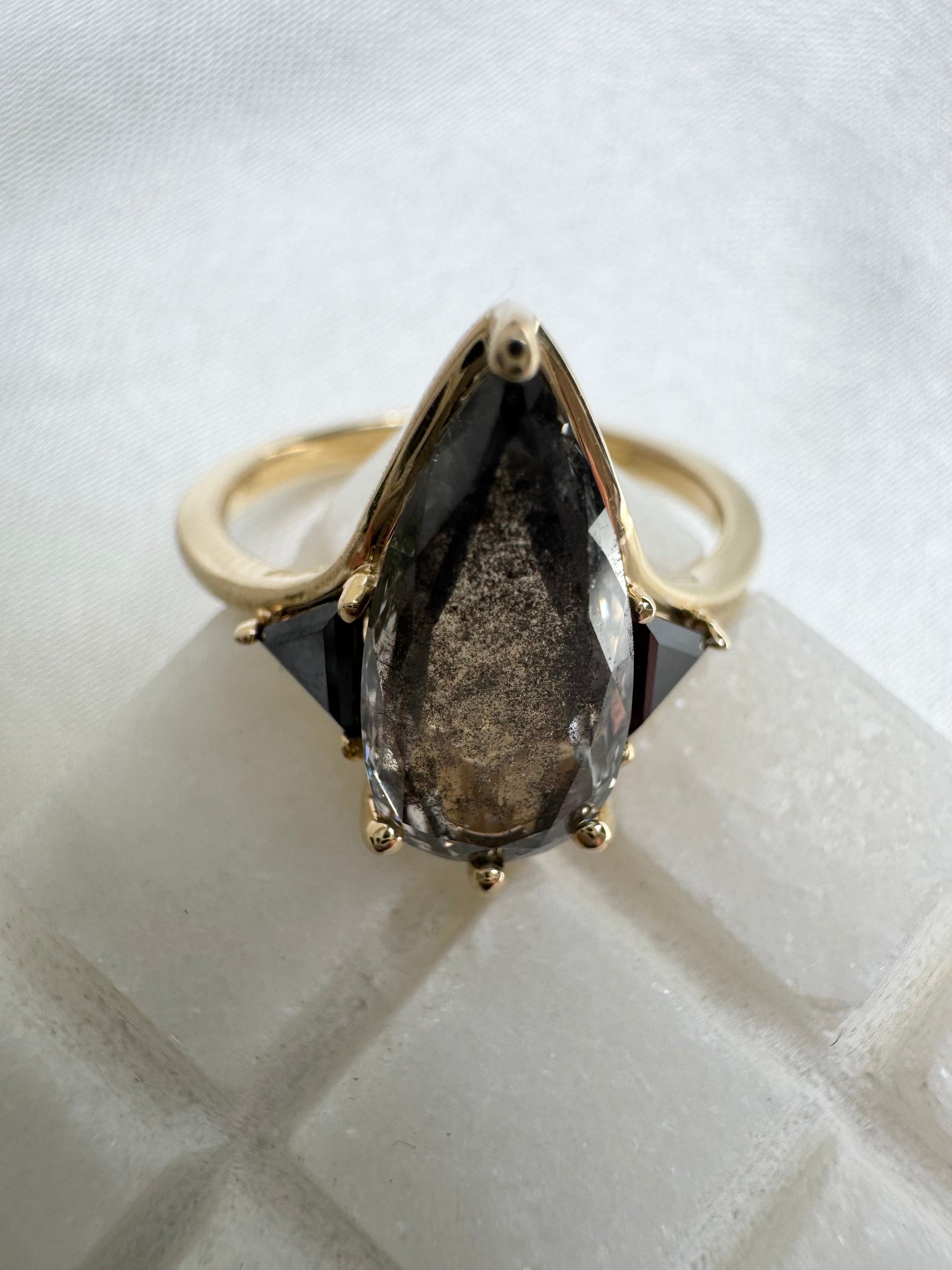 Salt & Pepper Diamond Pear Engagement Ring with Black Diamond Side Stones