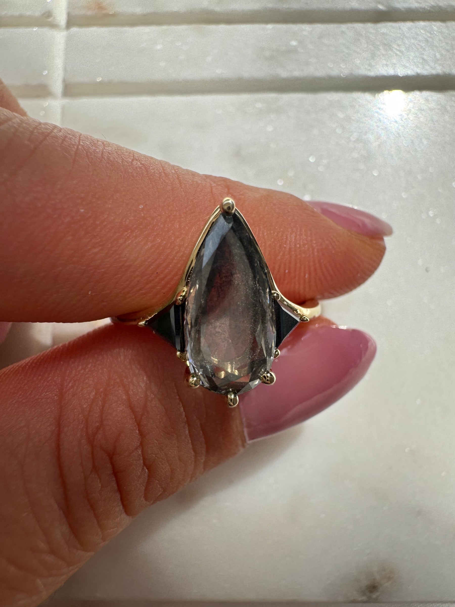 Salt & Pepper Diamond Pear Engagement Ring with Black Diamond Side Stones