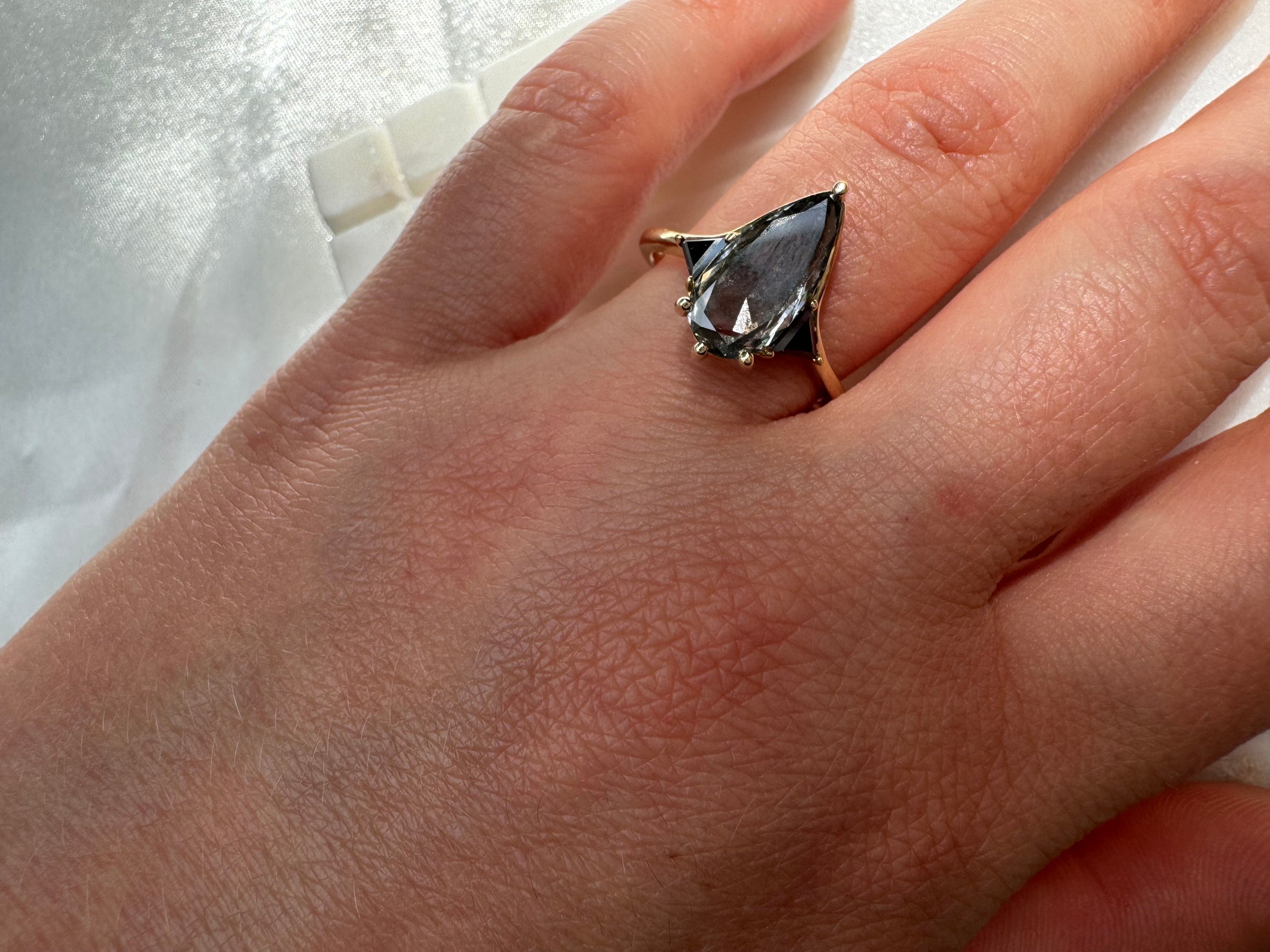 Salt & Pepper Diamond Pear Engagement Ring with Black Diamond Side Stones