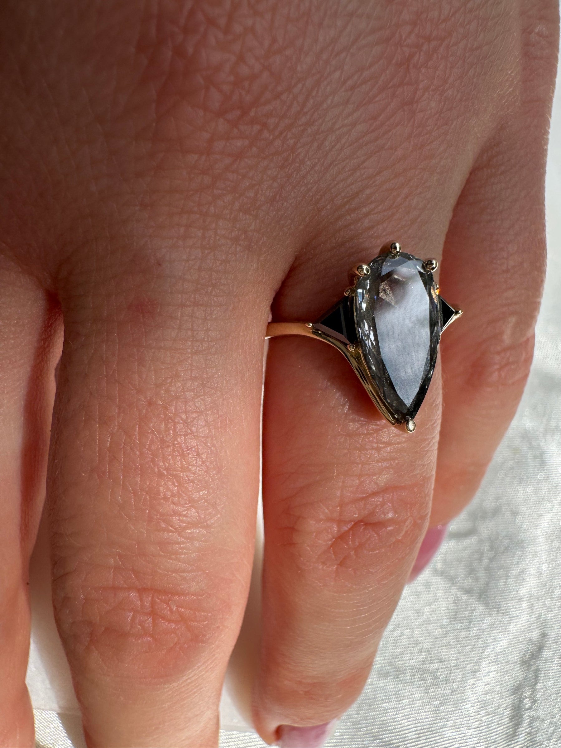 Salt & Pepper Diamond Pear Engagement Ring with Black Diamond Side Stones