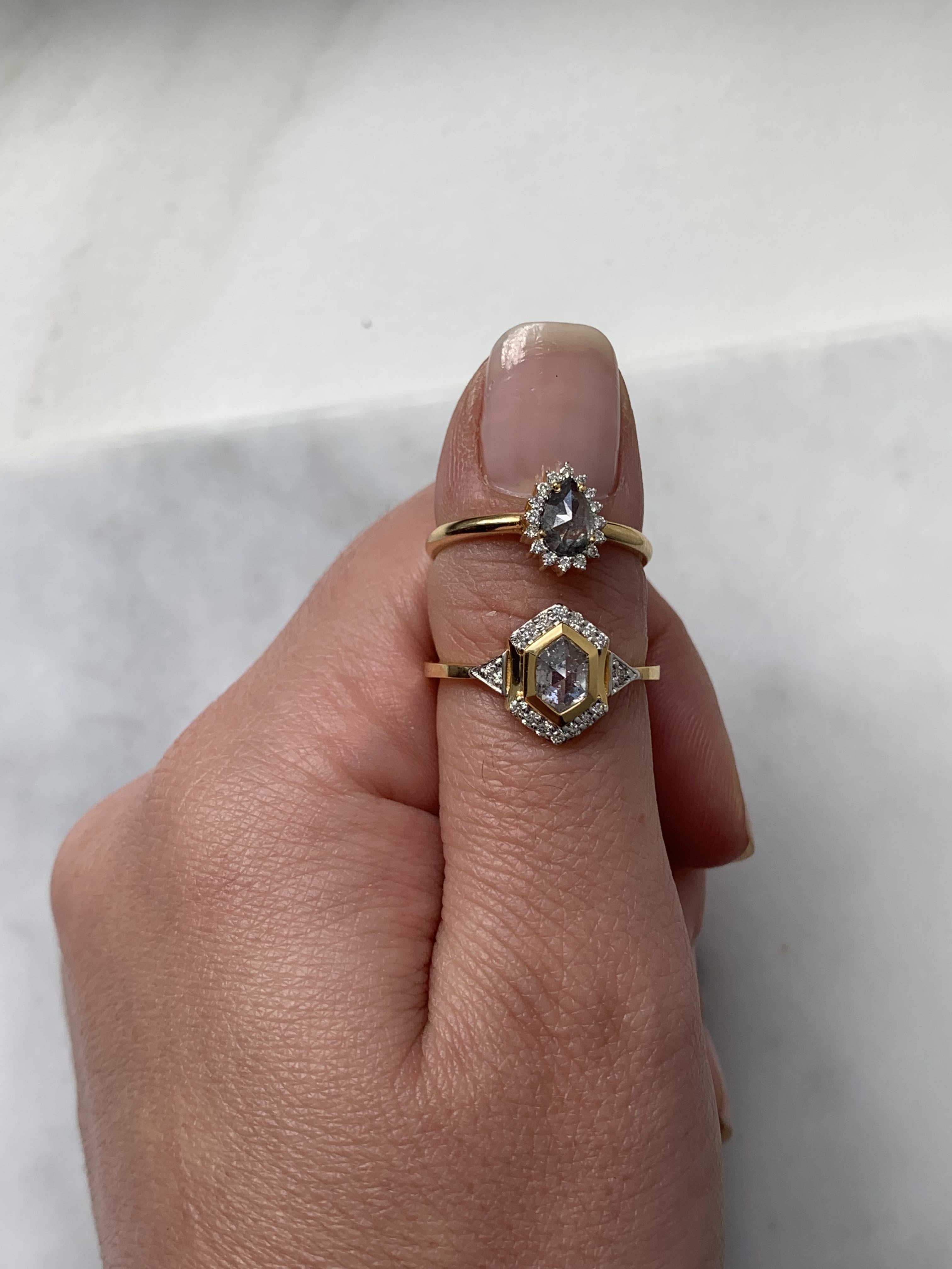 Custom Salt and Pepper Diamond Pear with Halo Engagement Ring