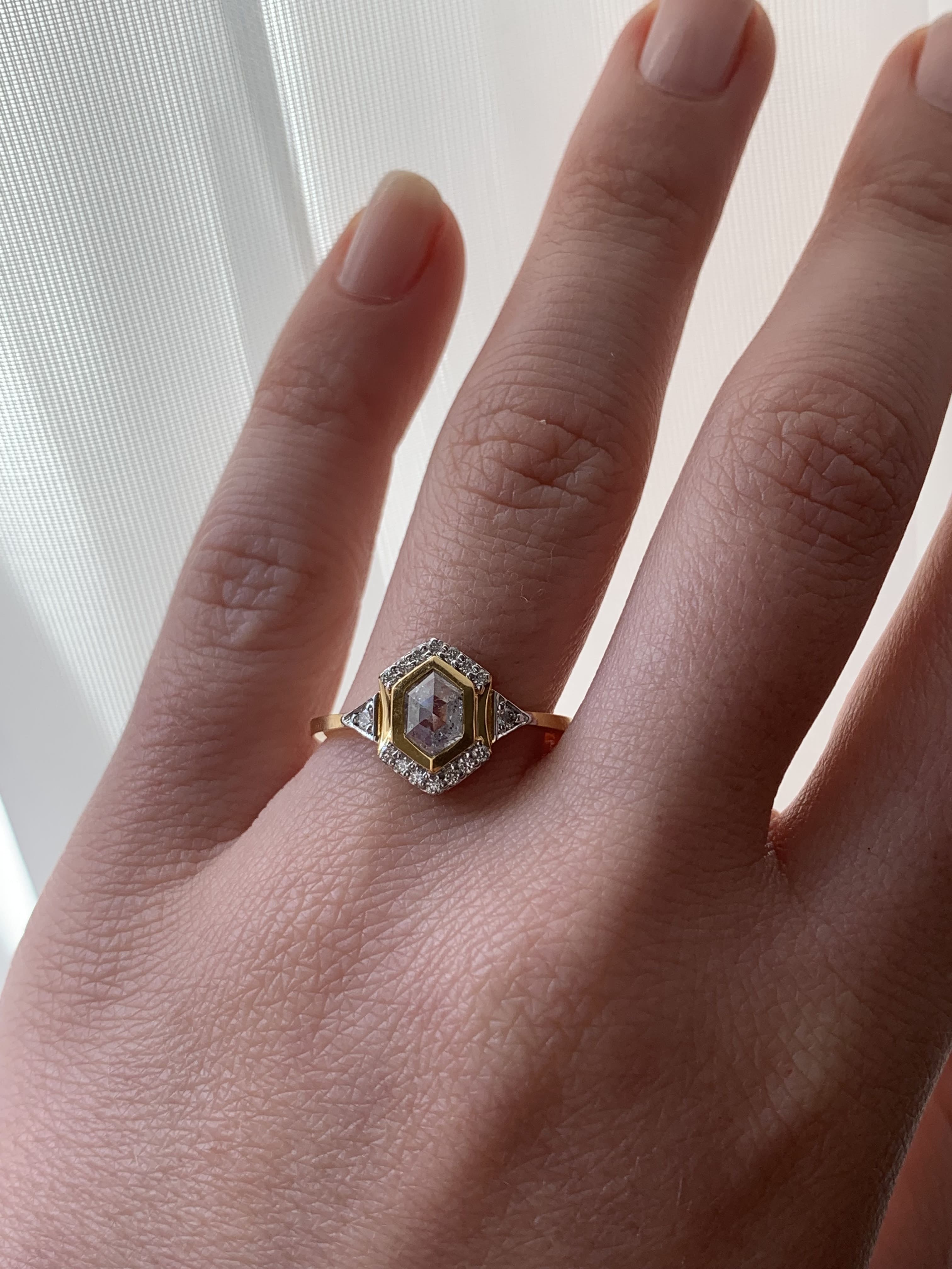 Custom Salt and Pepper Diamond Hexagon with Halo Engagement Ring