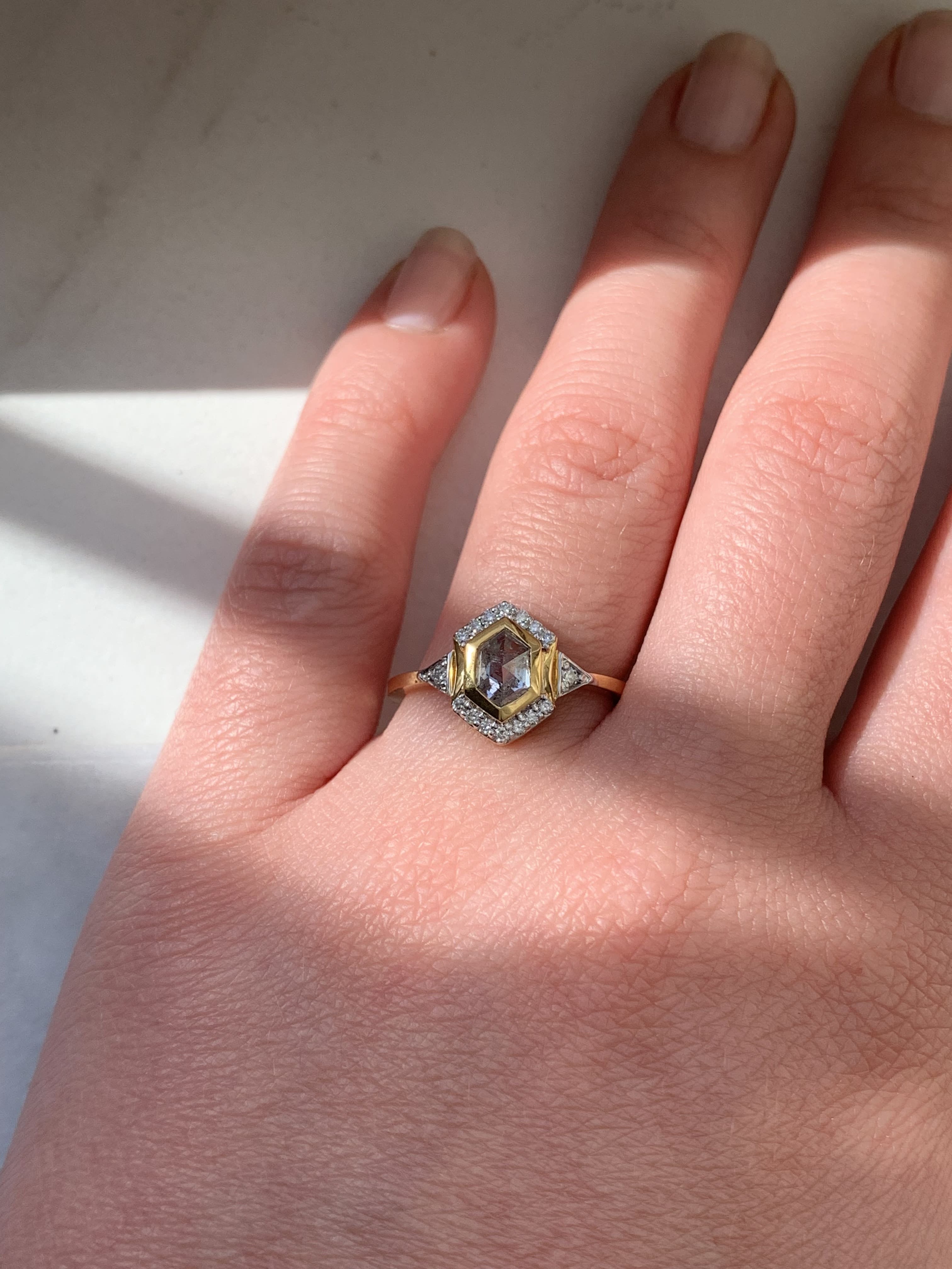 Custom Salt and Pepper Diamond Hexagon with Halo Engagement Ring