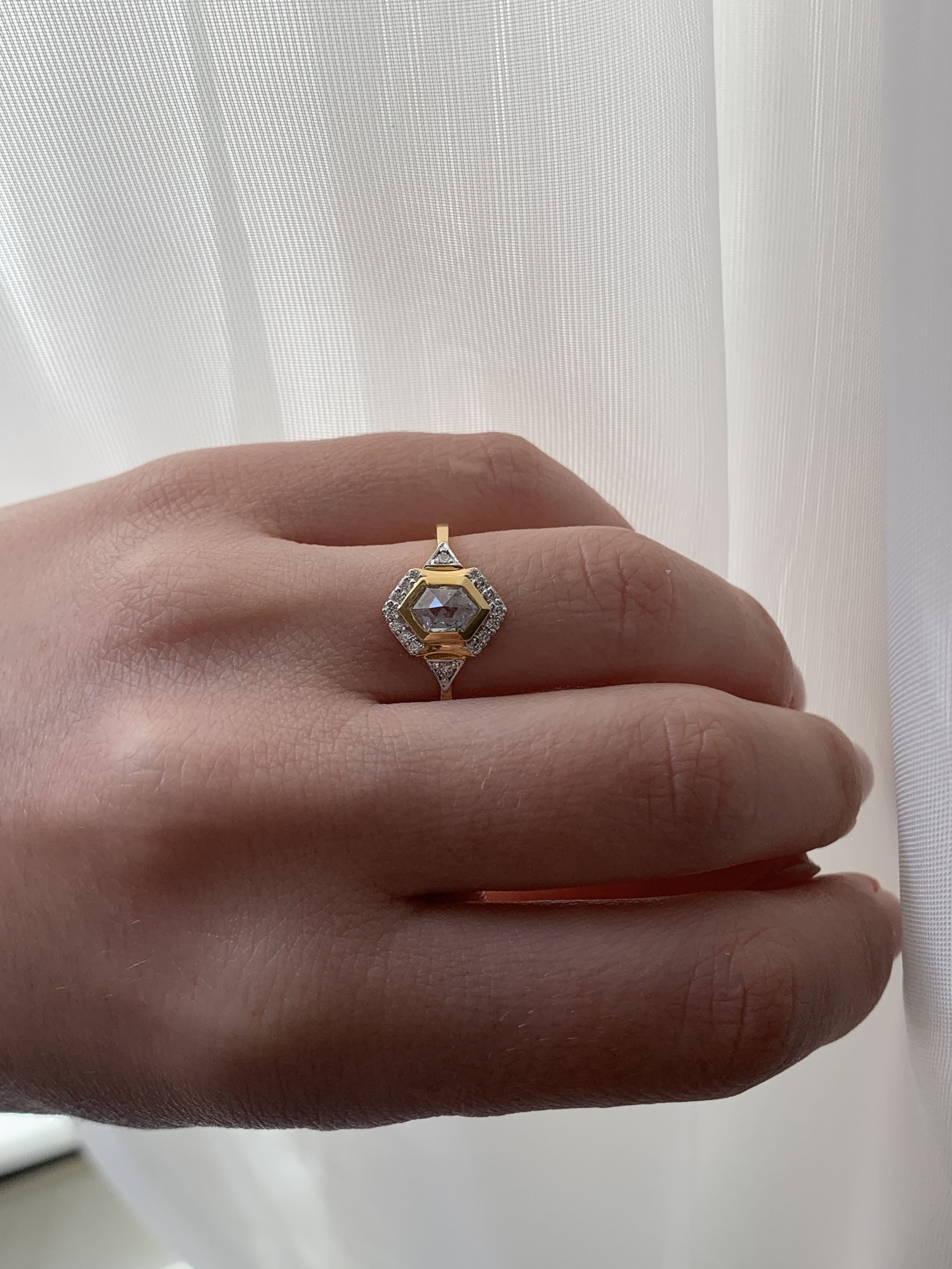 Custom Salt and Pepper Diamond Hexagon with Halo Engagement Ring