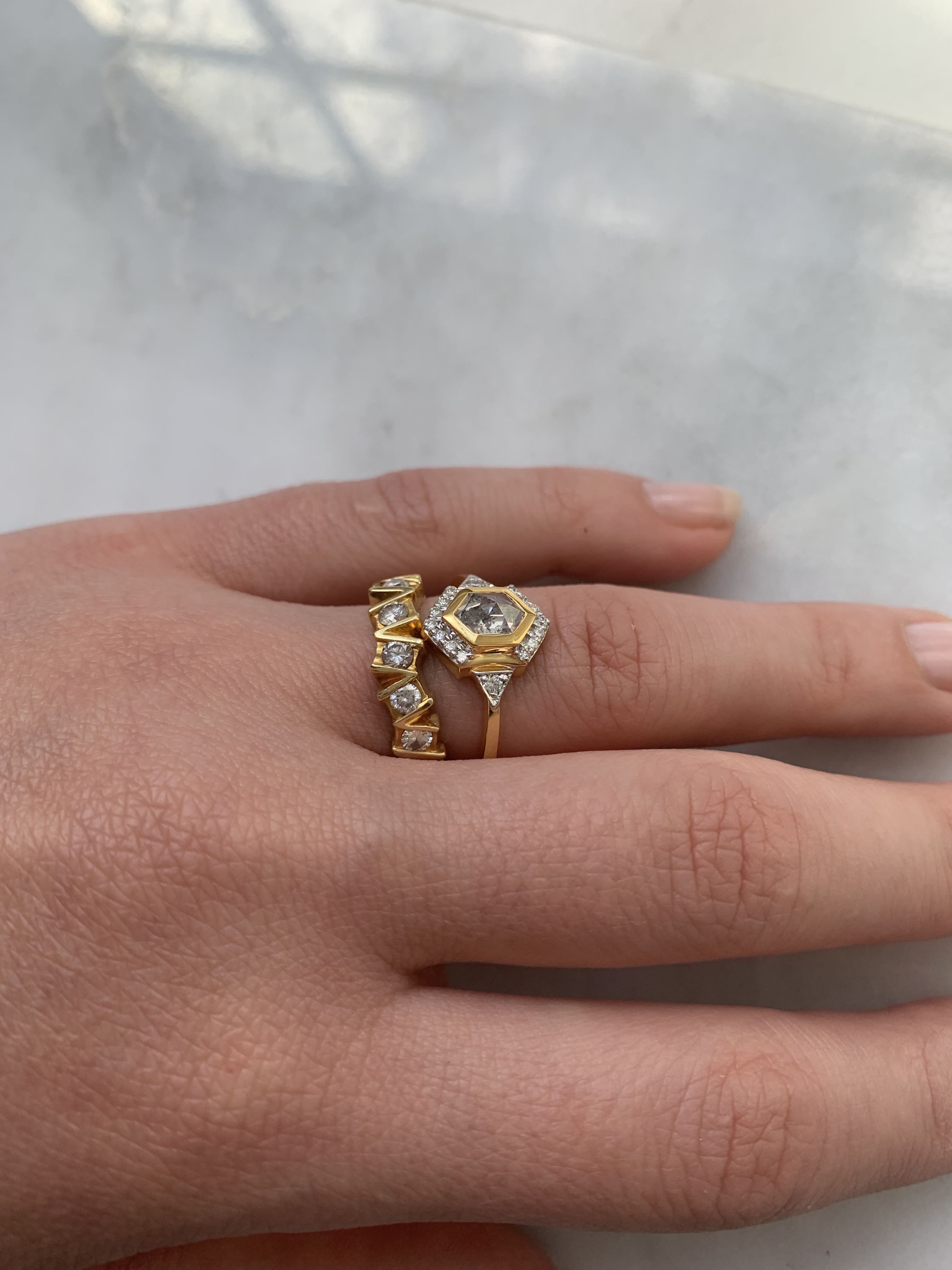 Custom Salt and Pepper Diamond Hexagon with Halo Engagement Ring