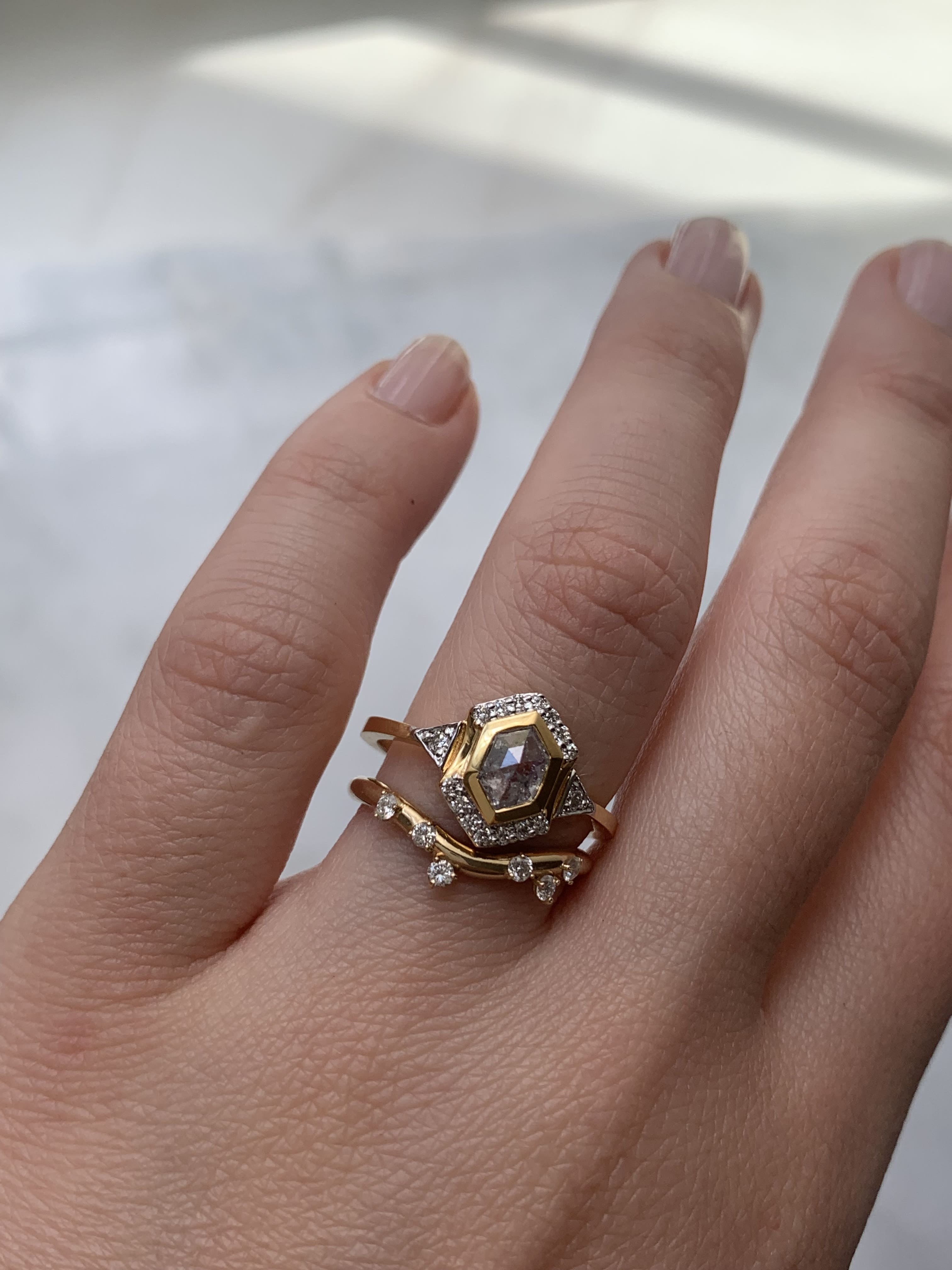 Custom Salt and Pepper Diamond Hexagon with Halo Engagement Ring