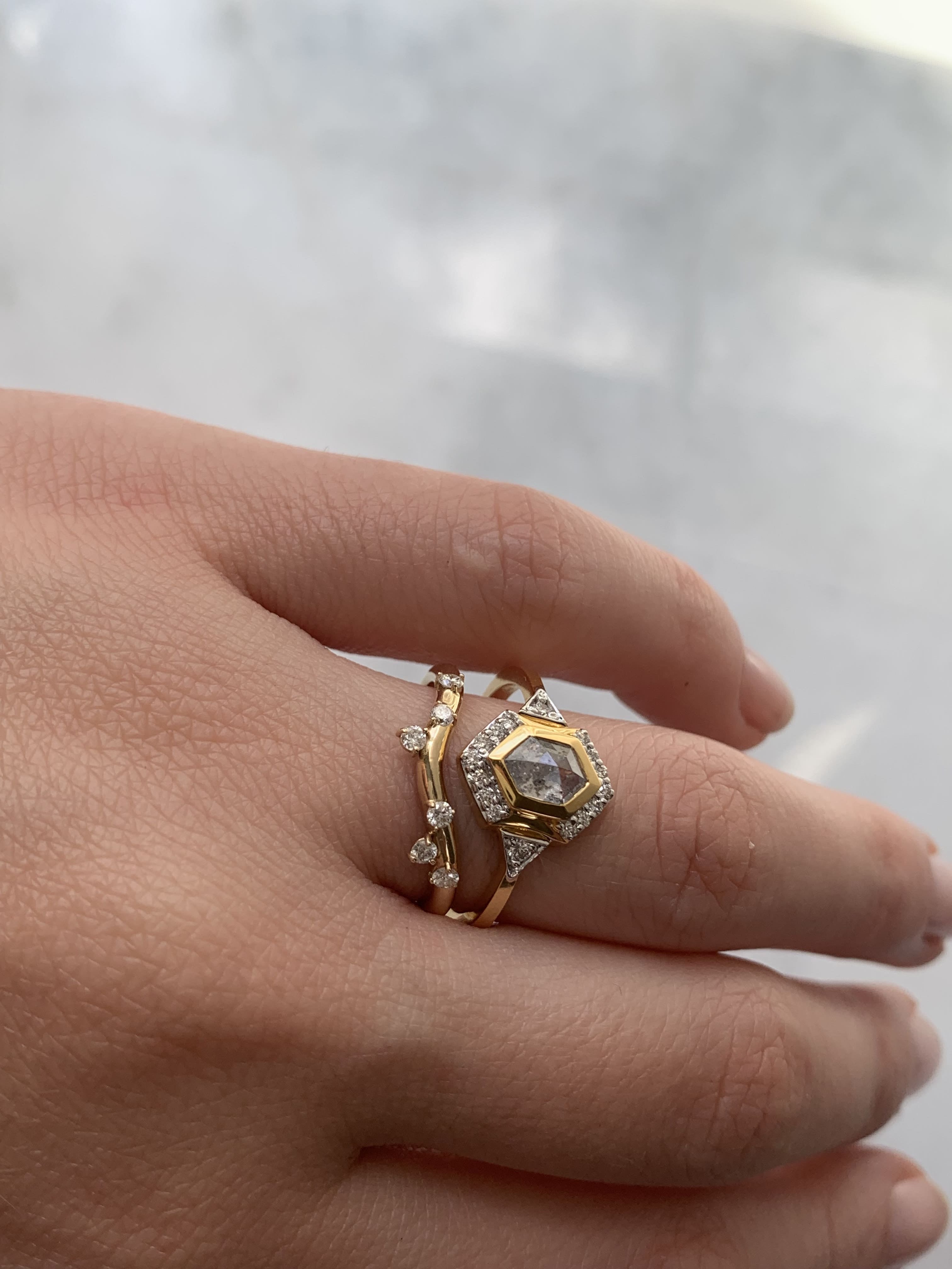 Custom Salt and Pepper Diamond Hexagon with Halo Engagement Ring