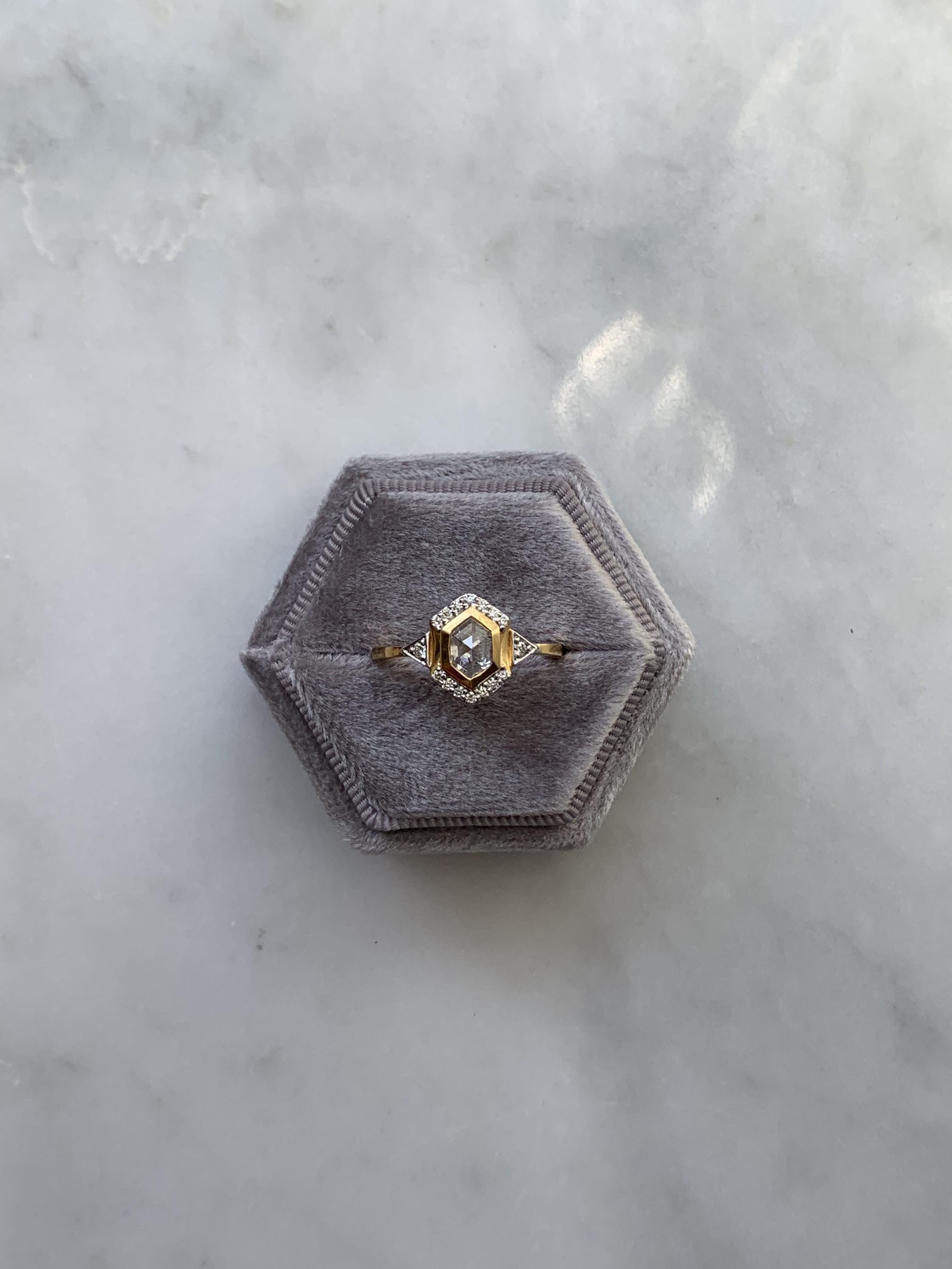 Custom Salt and Pepper Diamond Hexagon with Halo Engagement Ring