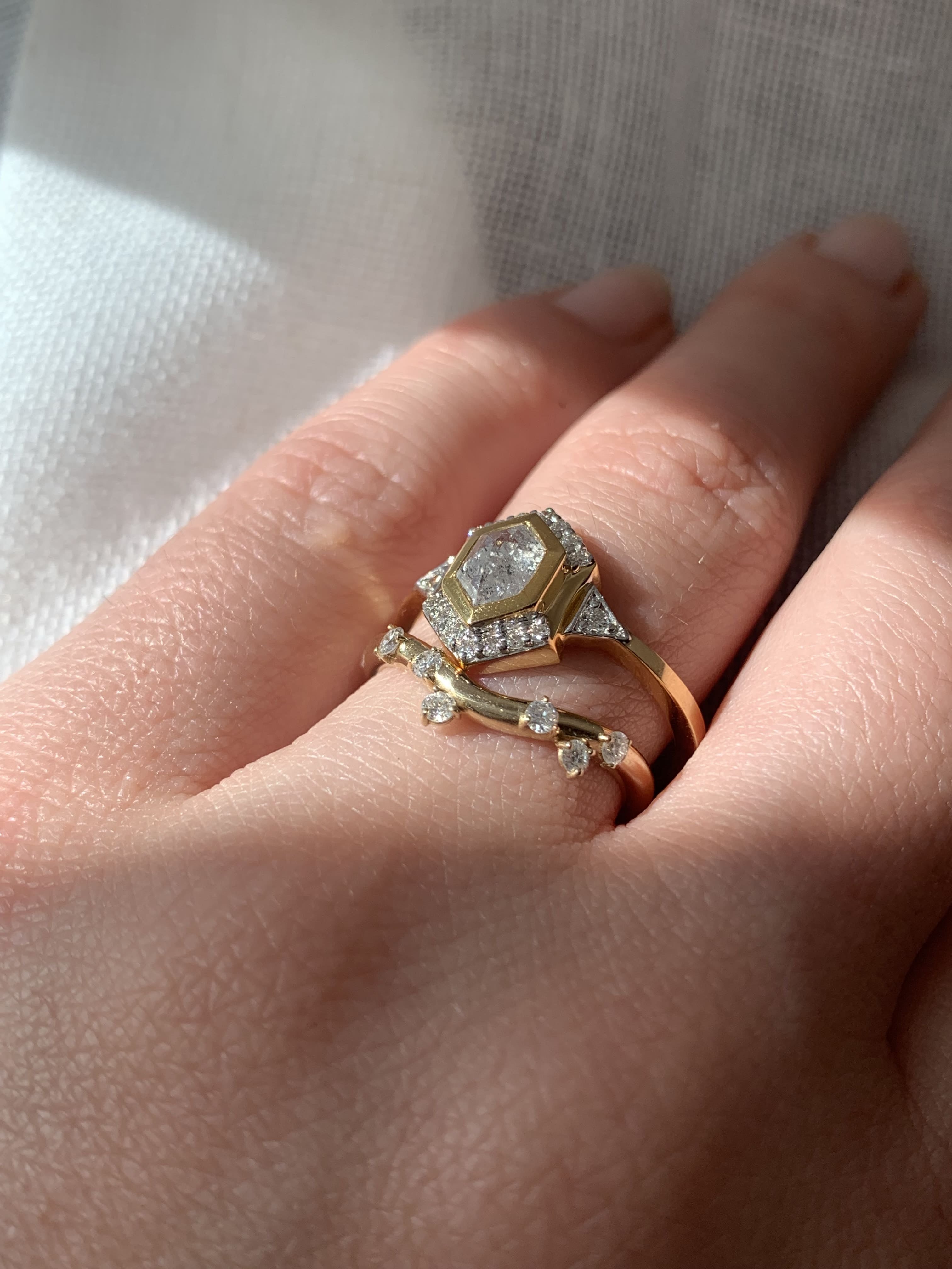 Custom Salt and Pepper Diamond Hexagon with Halo Engagement Ring