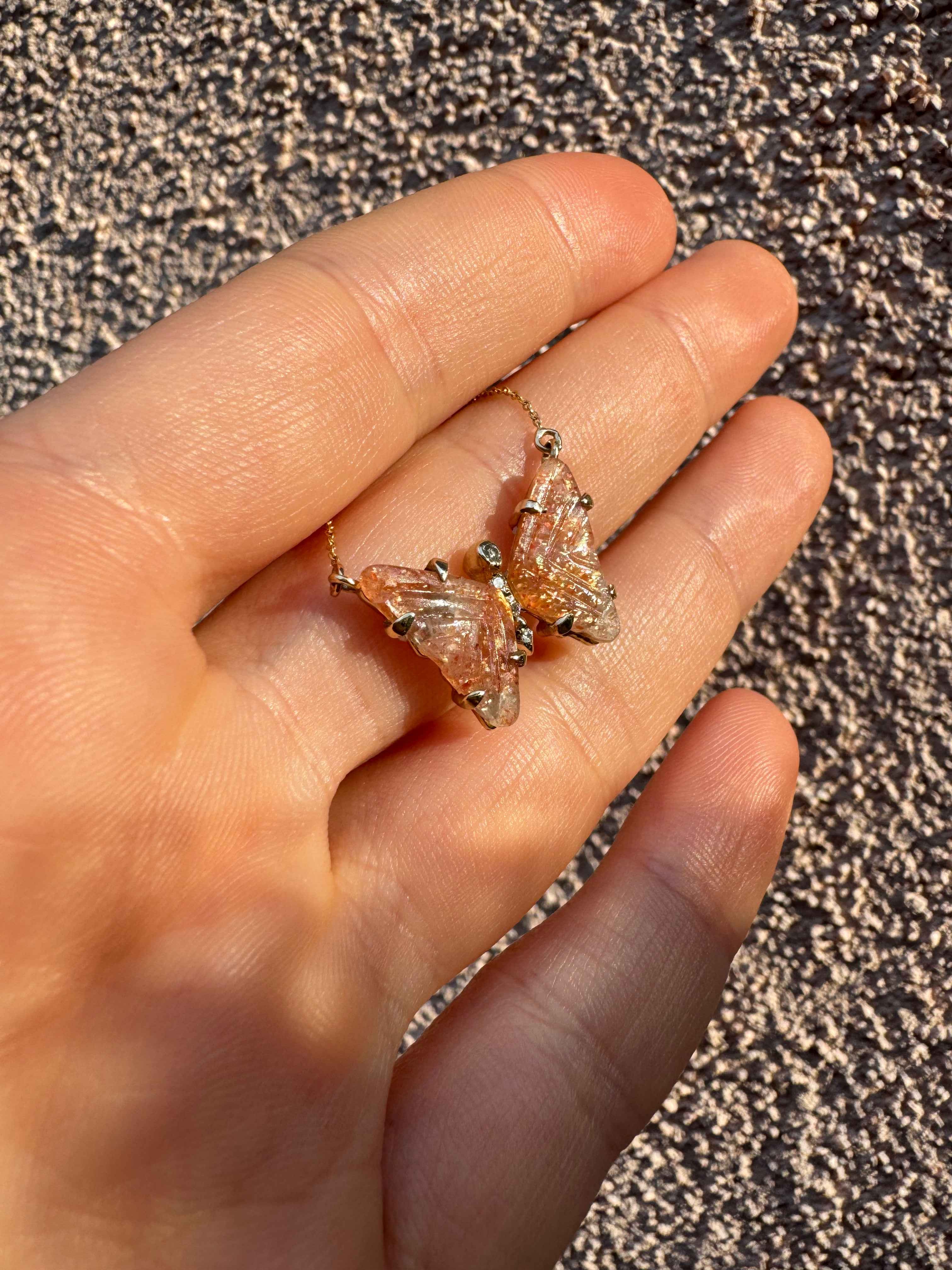 Handmade Gold Sunstone and Diamond Butterfly Necklace