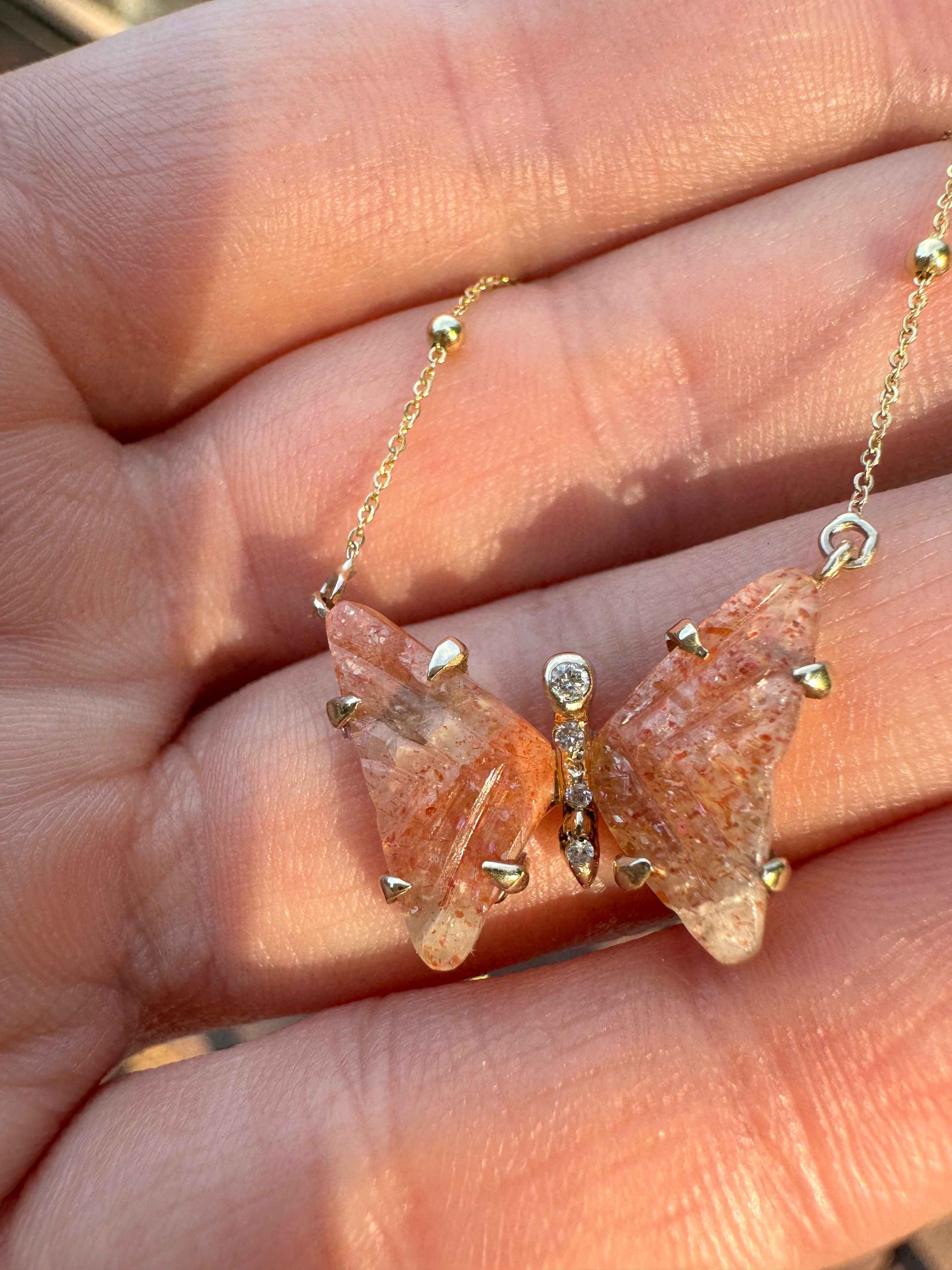 Handmade Gold Sunstone and Diamond Butterfly Necklace