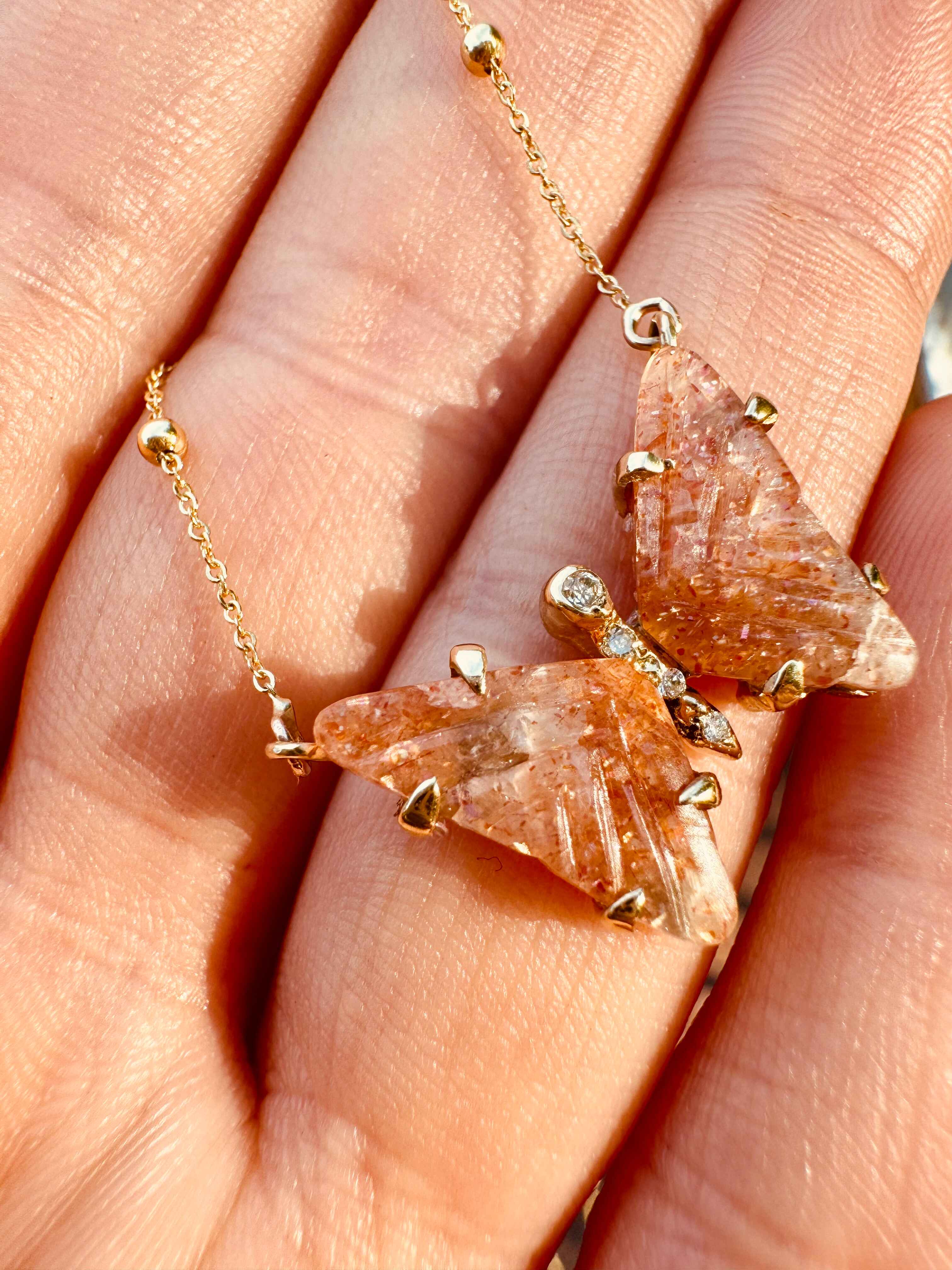 Handmade Gold Sunstone and Diamond Butterfly Necklace