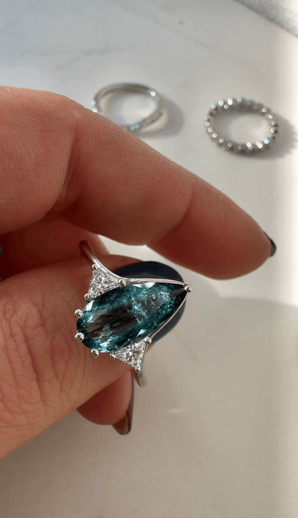Blue Tourmaline Elongated Pear with White Diamond Side Stones Engagement Ring