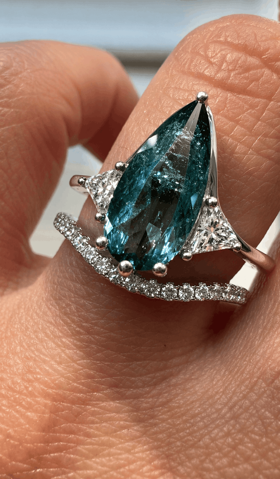 Blue Tourmaline Elongated Pear with White Diamond Side Stones Engagement Ring