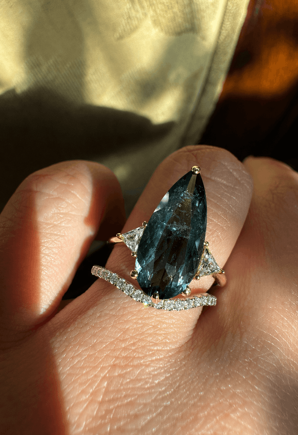 Blue Tourmaline Elongated Pear with White Diamond Side Stones Engagement Ring