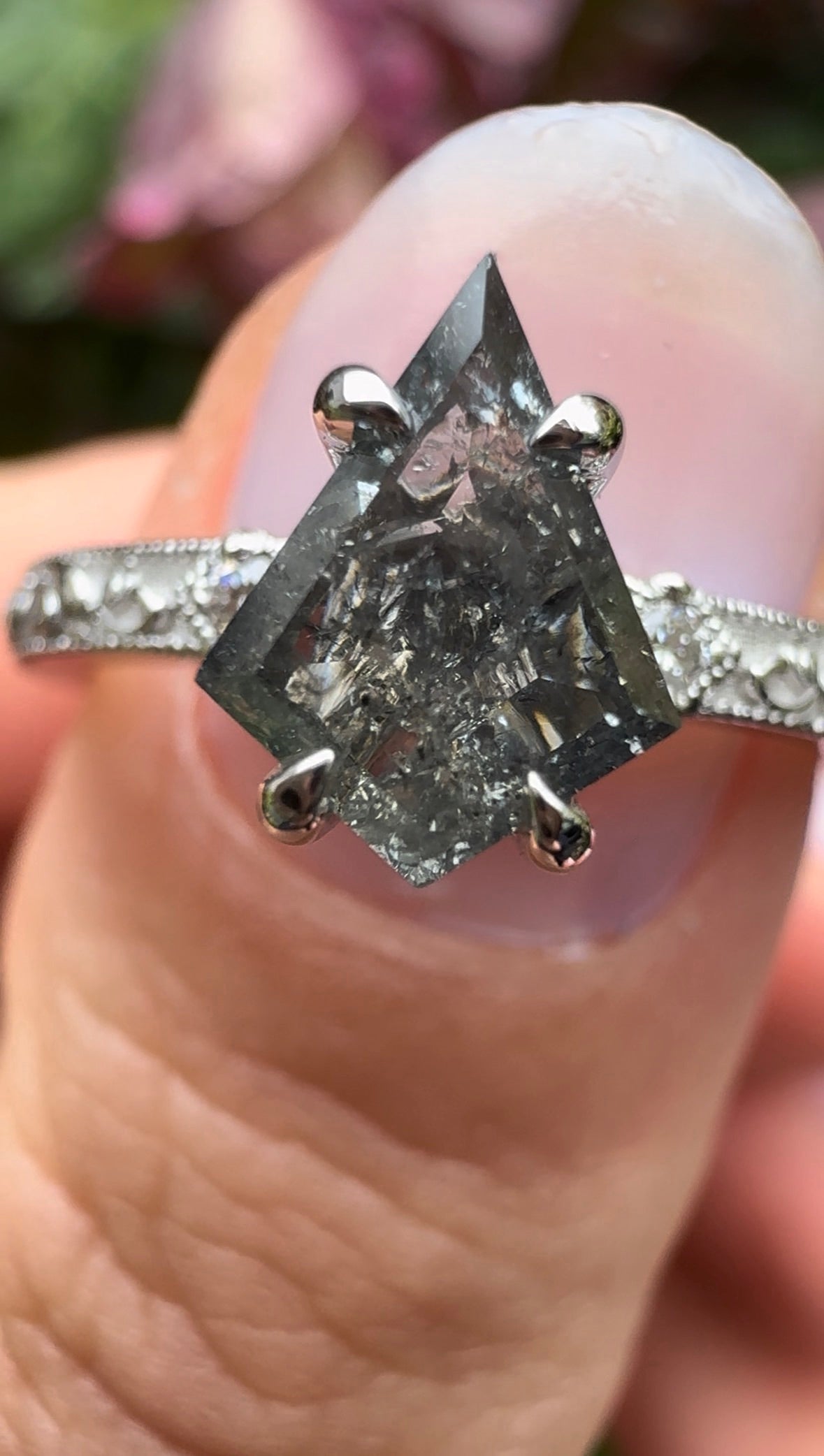 Kite Salt & Pepper Diamond Engagement Ring with Vintage Floral Band