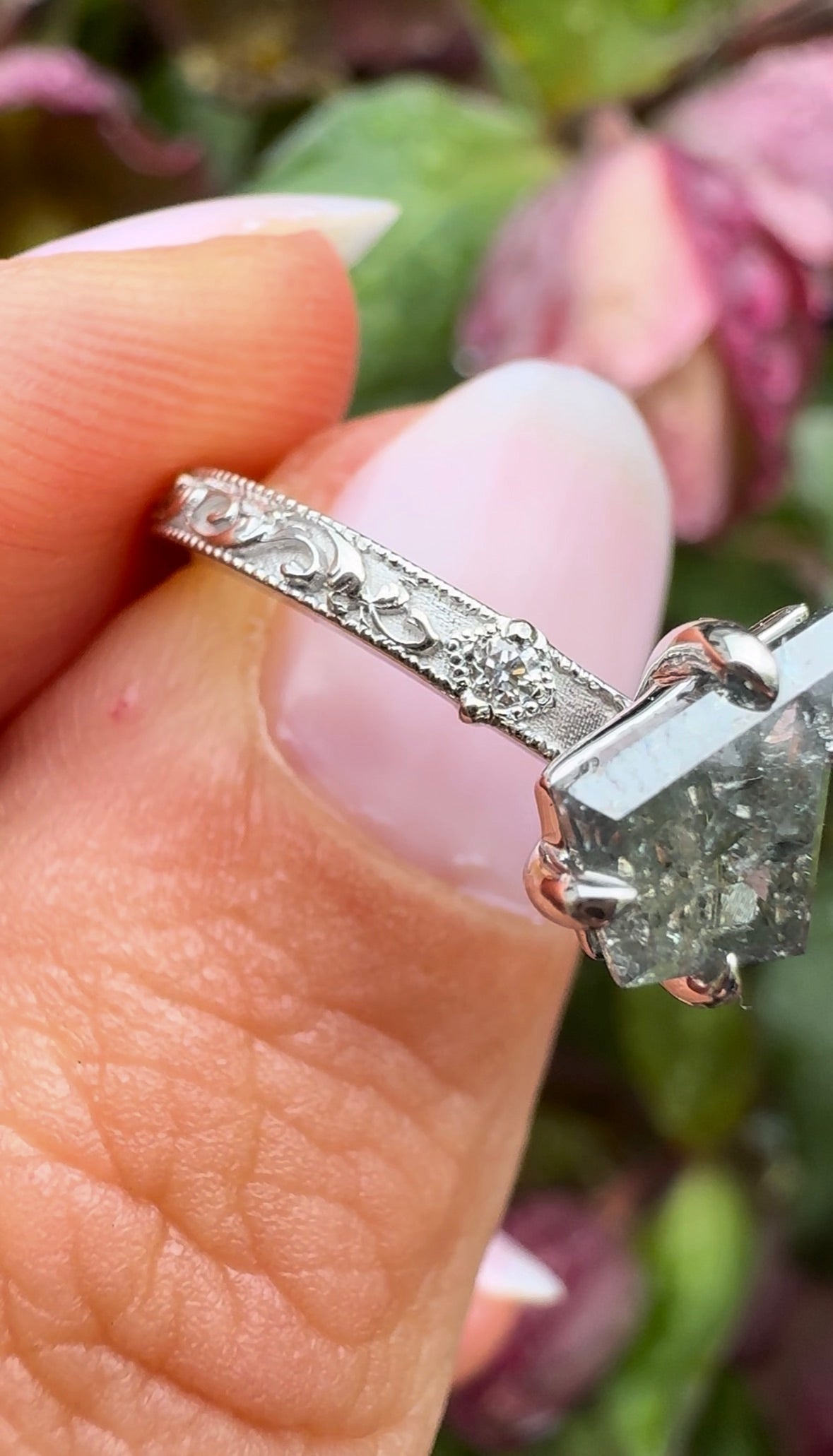 Kite Salt & Pepper Diamond Engagement Ring with Vintage Floral Band