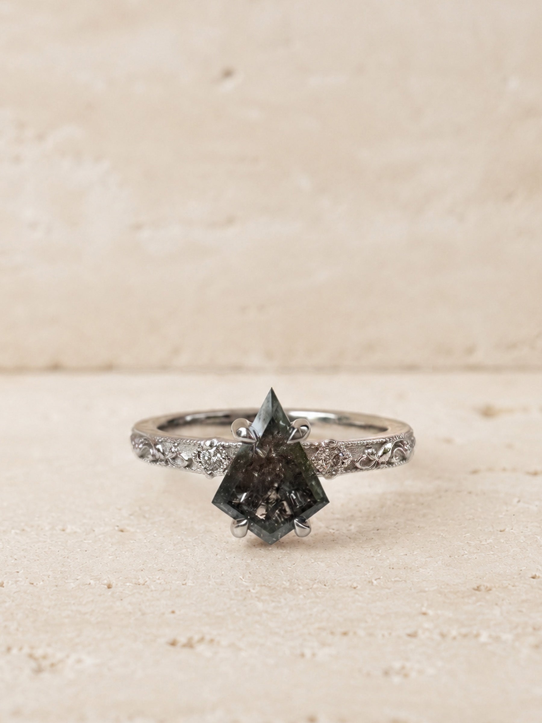 Kite Salt & Pepper Diamond Engagement Ring with Vintage Floral Band