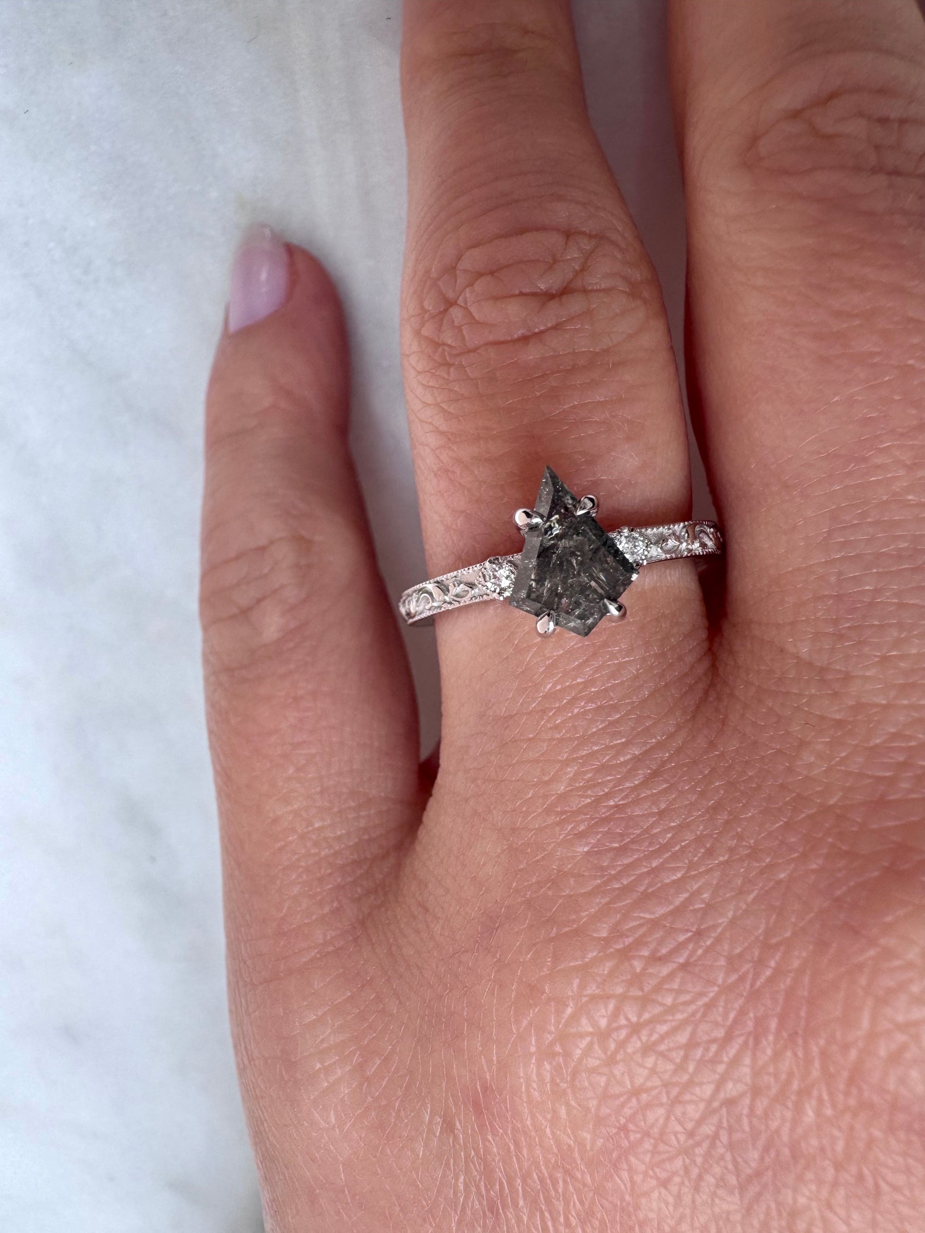 Kite Salt & Pepper Diamond Engagement Ring with Vintage Floral Band