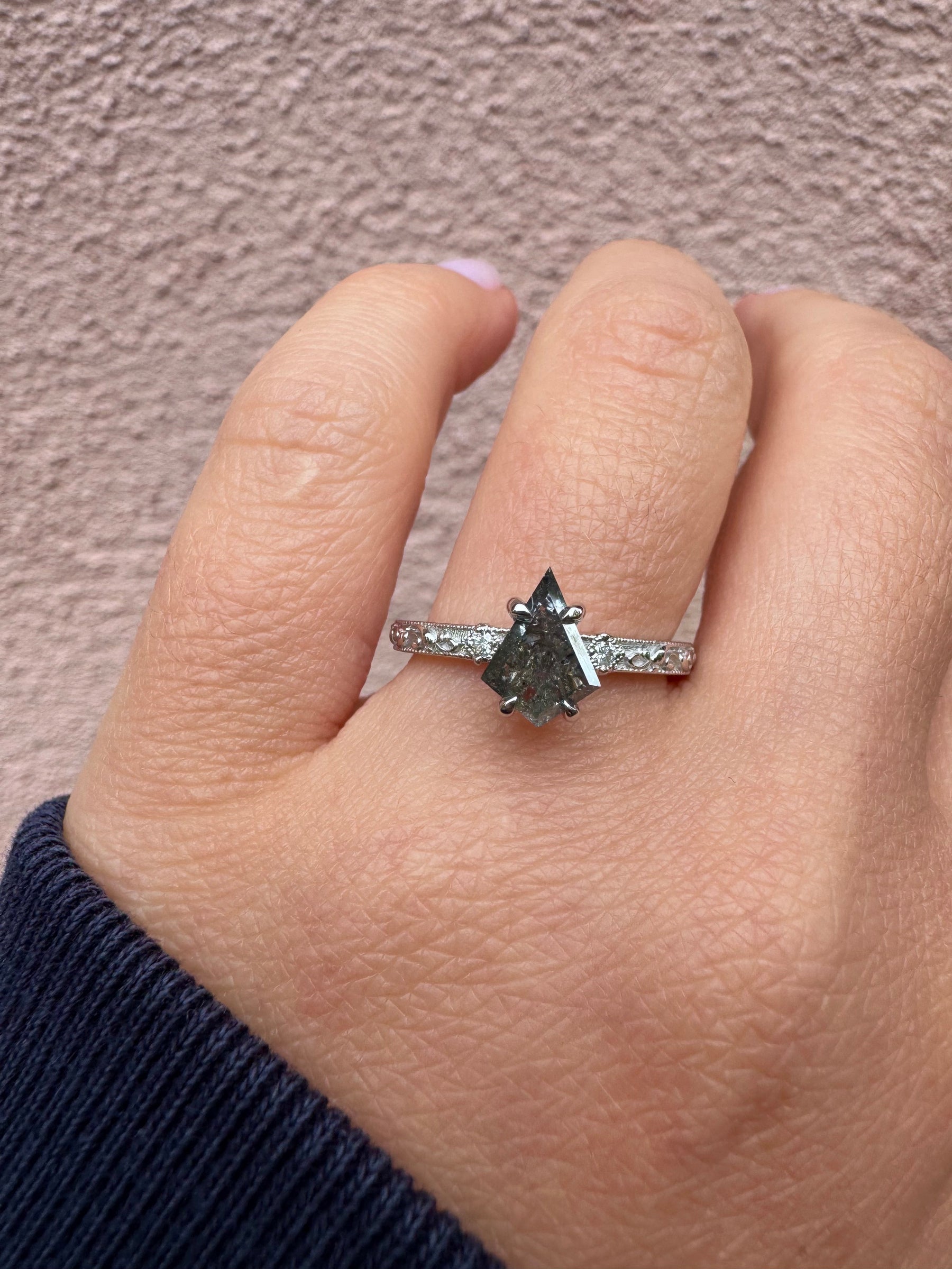 Kite Salt & Pepper Diamond Engagement Ring with Vintage Floral Band