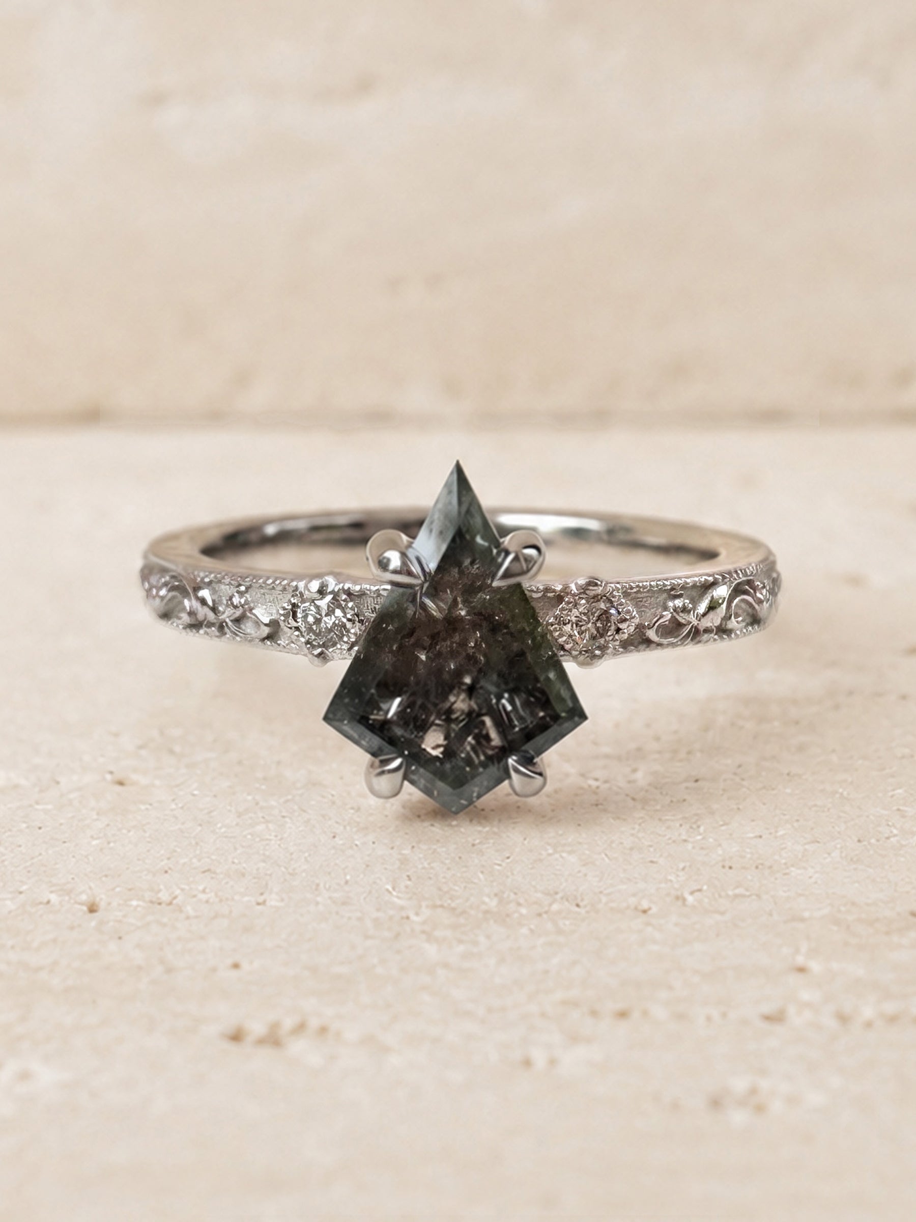 Kite Salt & Pepper Diamond Engagement Ring with Vintage Floral Band