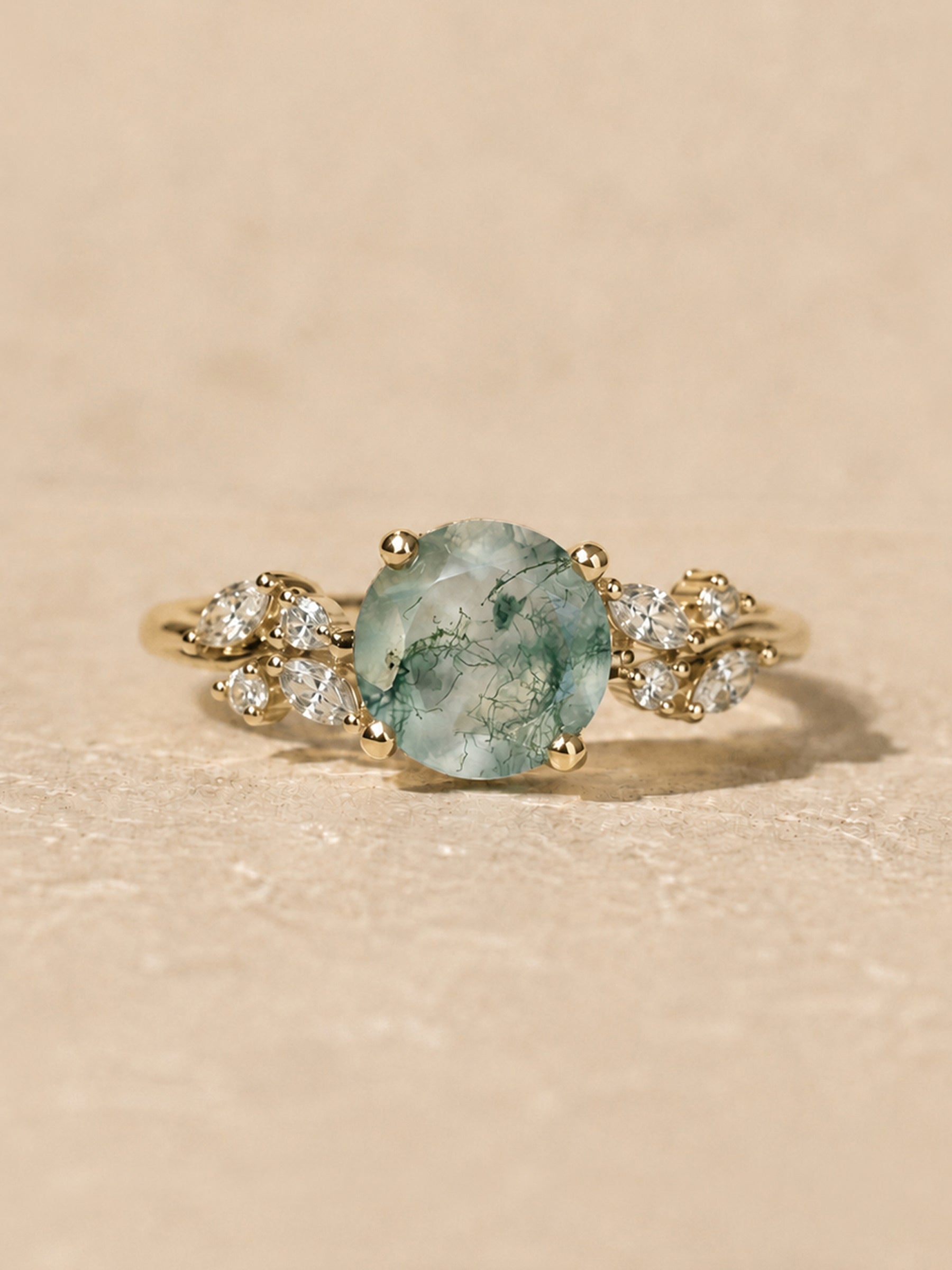 Round Moss Agate Engagement Ring with Diamond Cluster