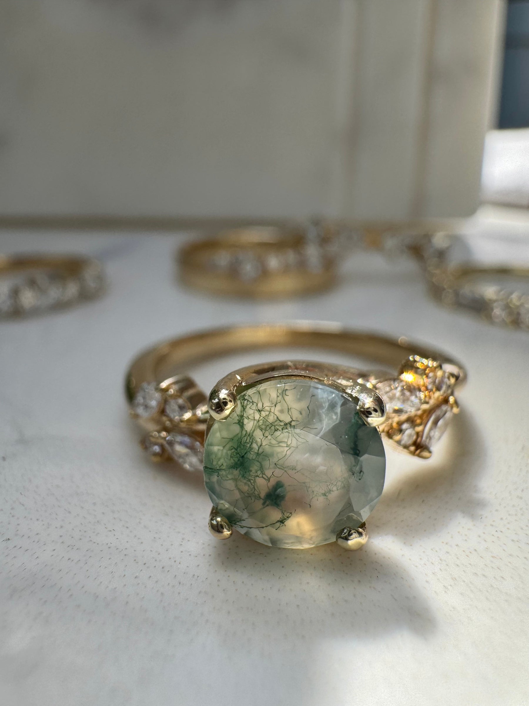 Round Moss Agate Engagement Ring with Diamond Cluster