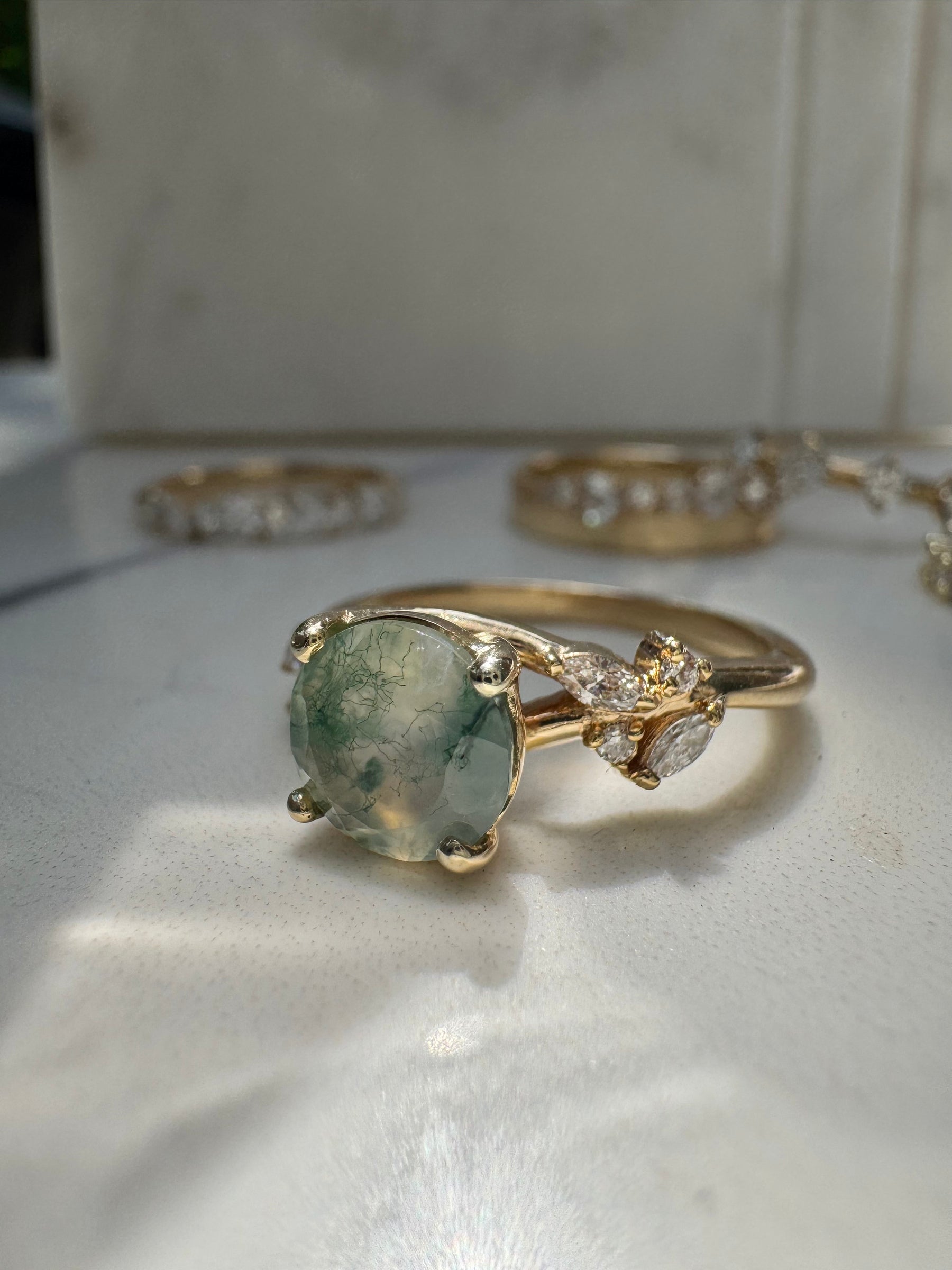 Round Moss Agate Engagement Ring with Diamond Cluster