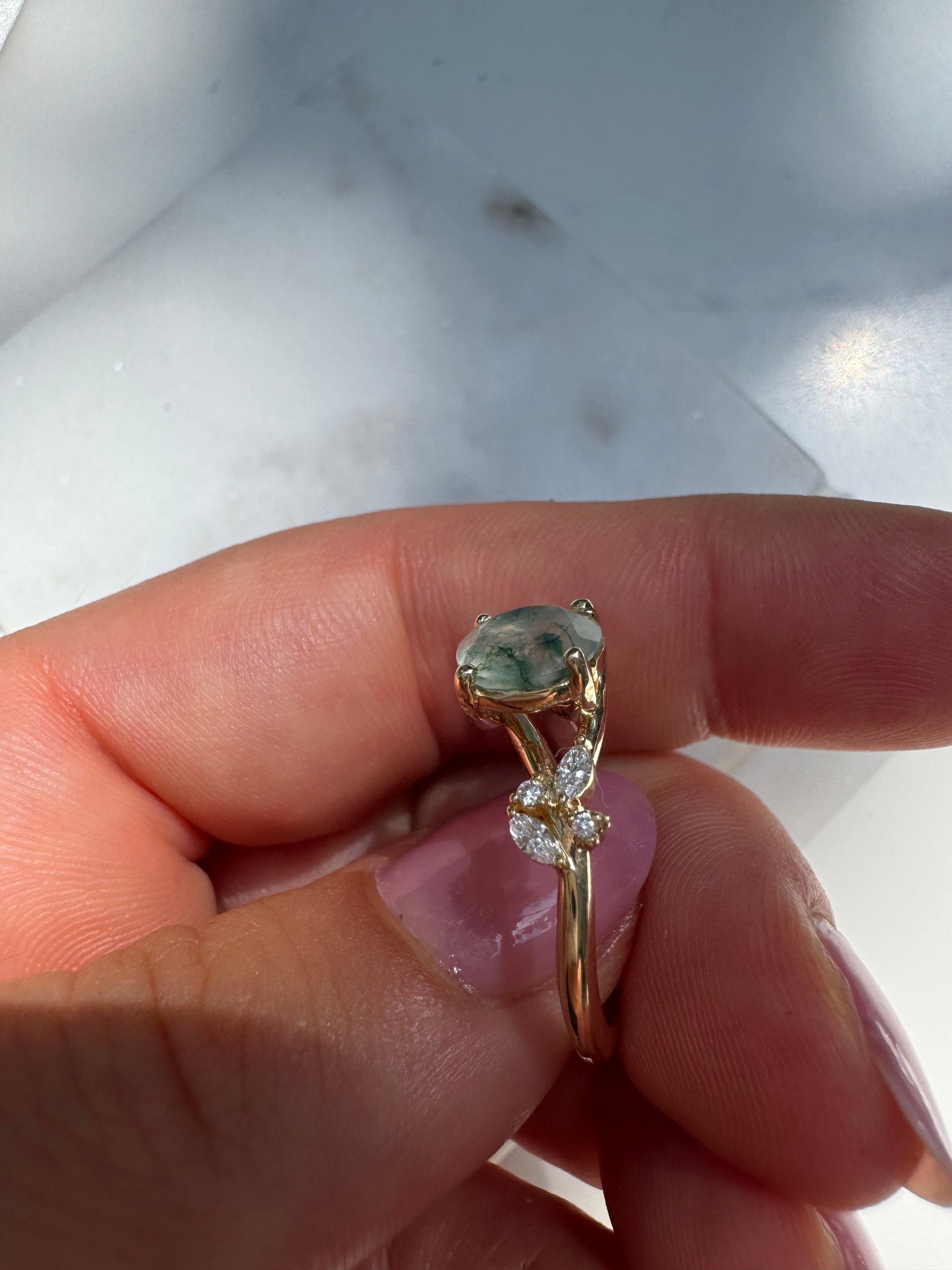 Round Moss Agate Engagement Ring with Diamond Cluster