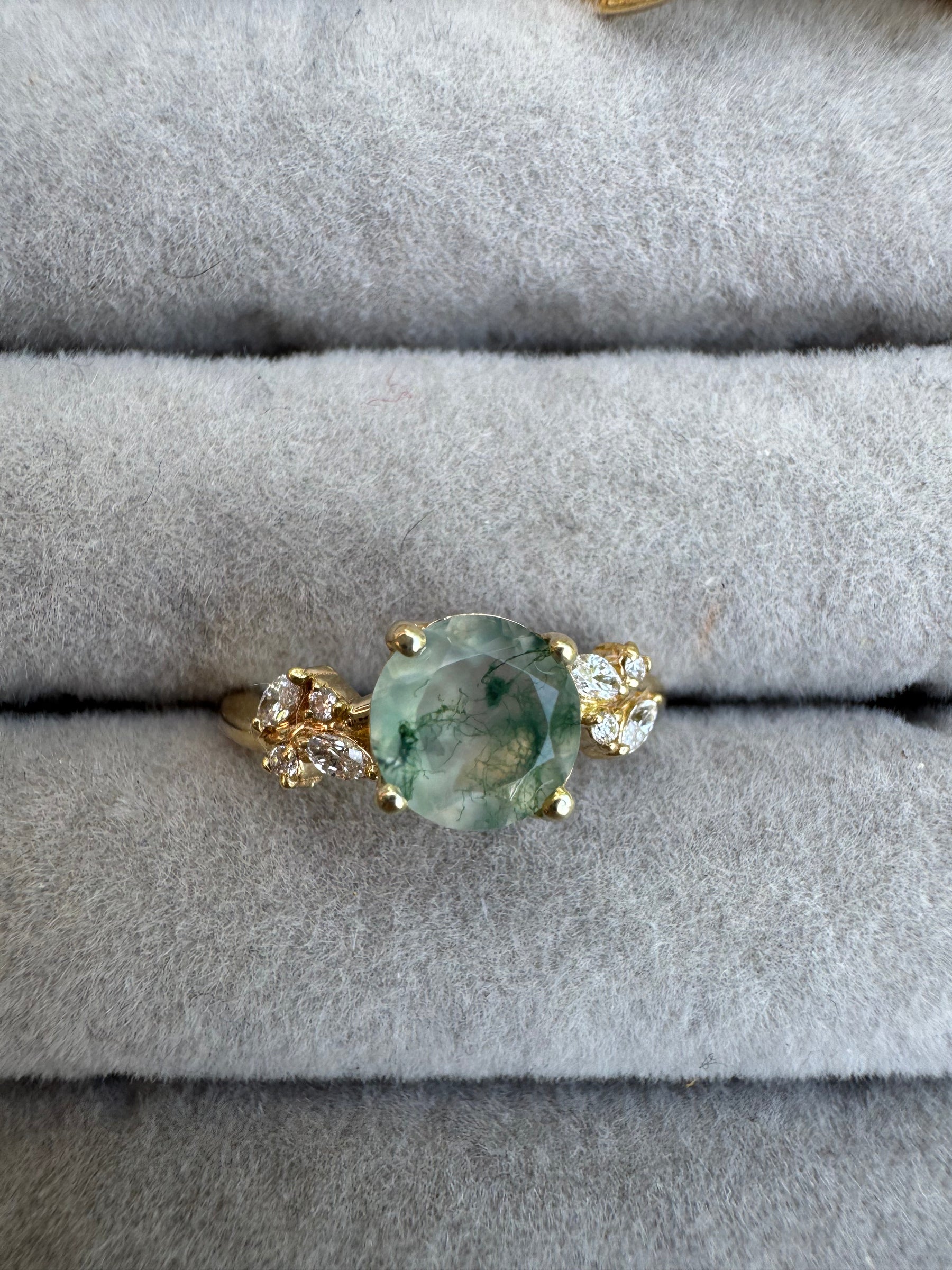 Round Moss Agate Engagement Ring with Diamond Cluster