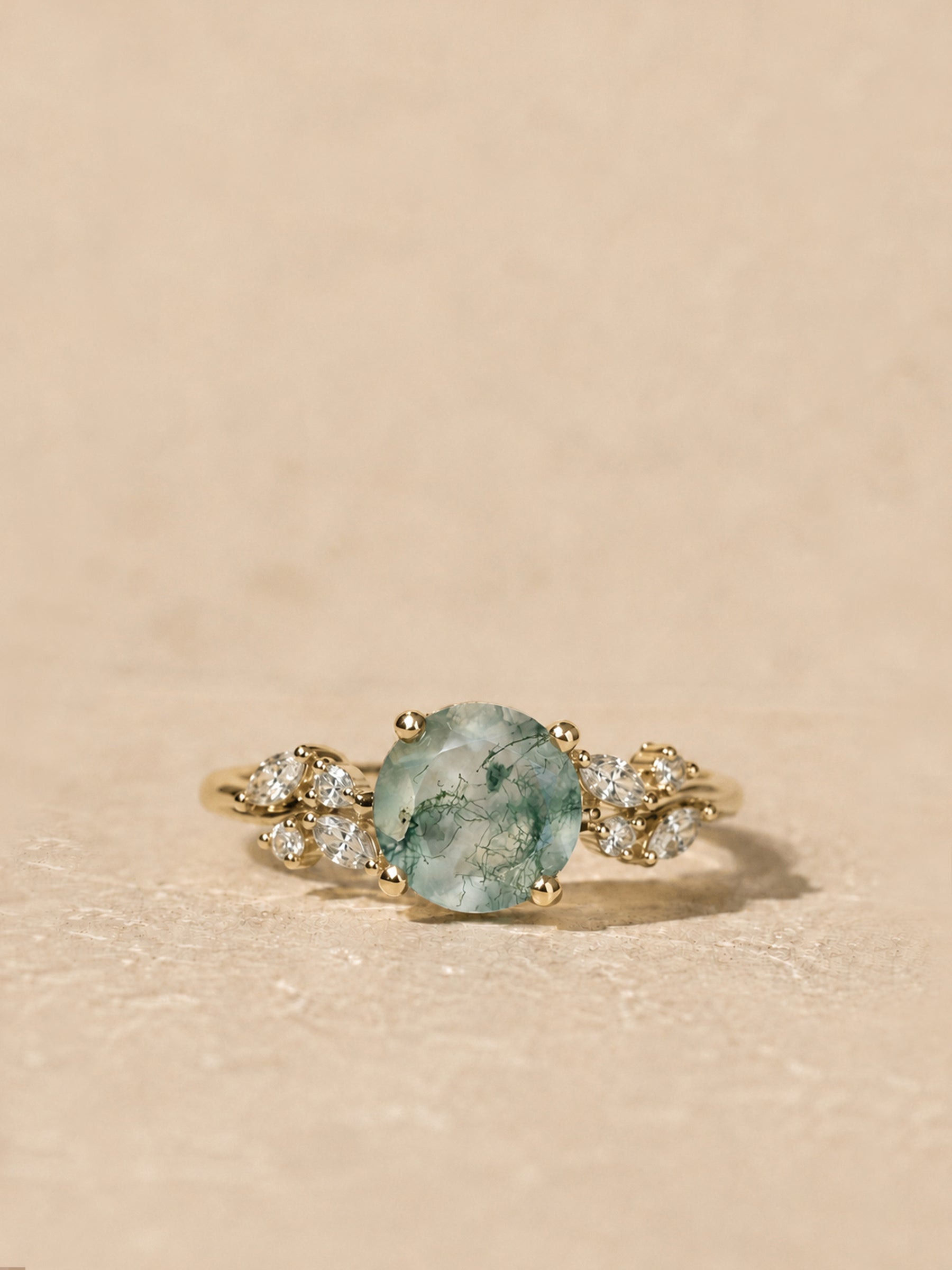 Round Moss Agate Engagement Ring with Diamond Cluster
